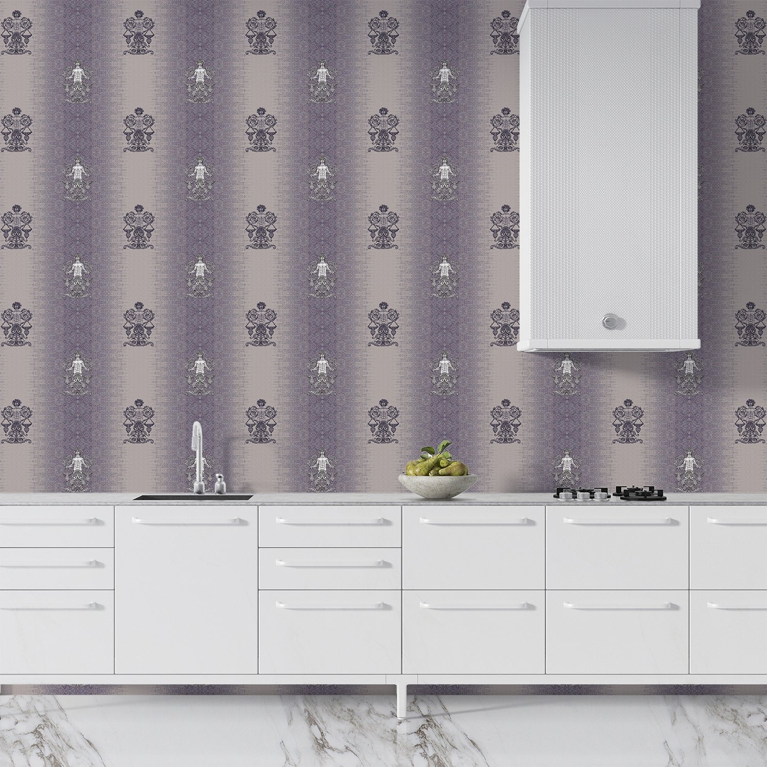 Repeating fleur de lis and crown motifs in beige and cream classical European style - view 17 - final