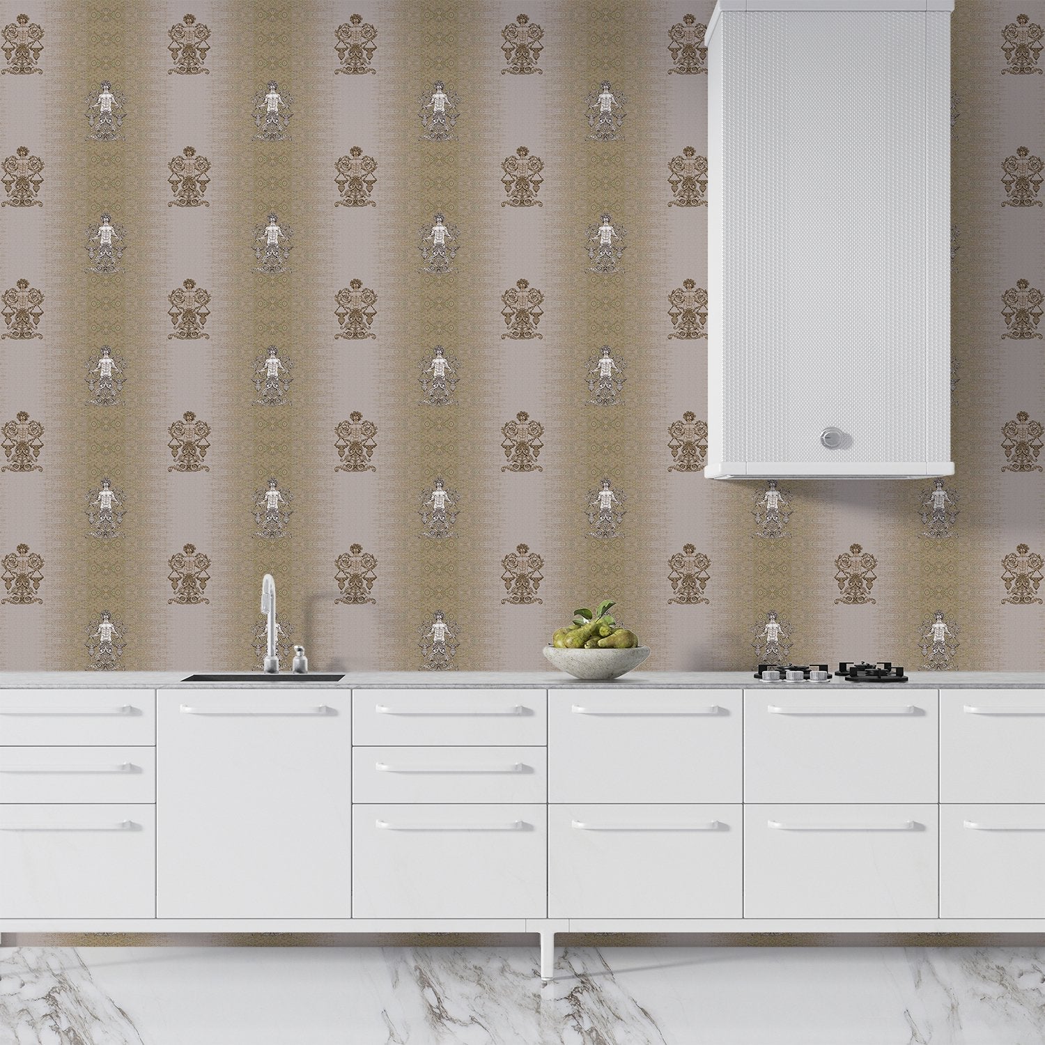 Repeating fleur de lis and crown motifs in beige and cream classical European style - view 3 - final kitchen