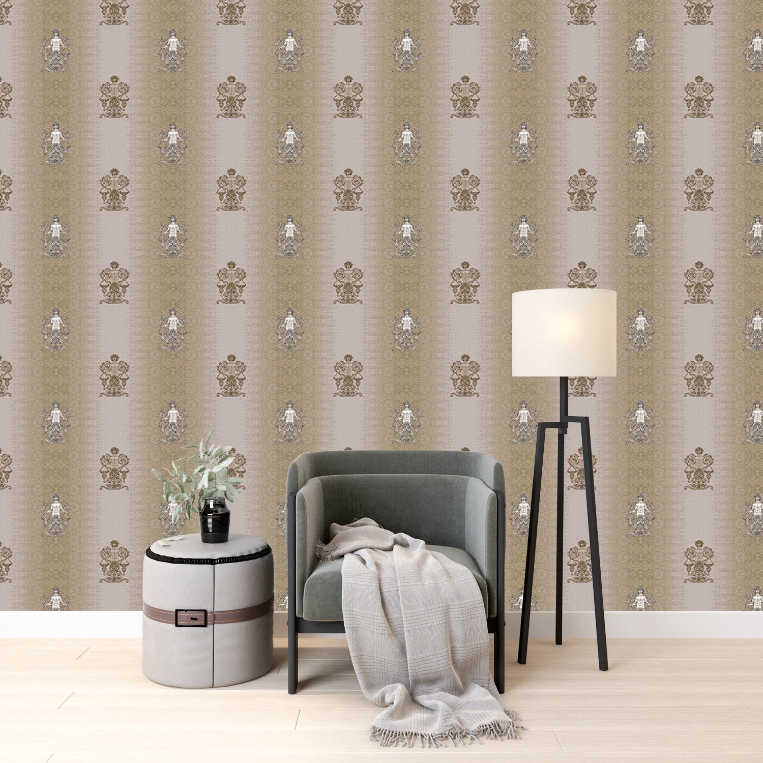 Repeating fleur de lis and crown motifs in beige and cream classical European style - final hobby-room