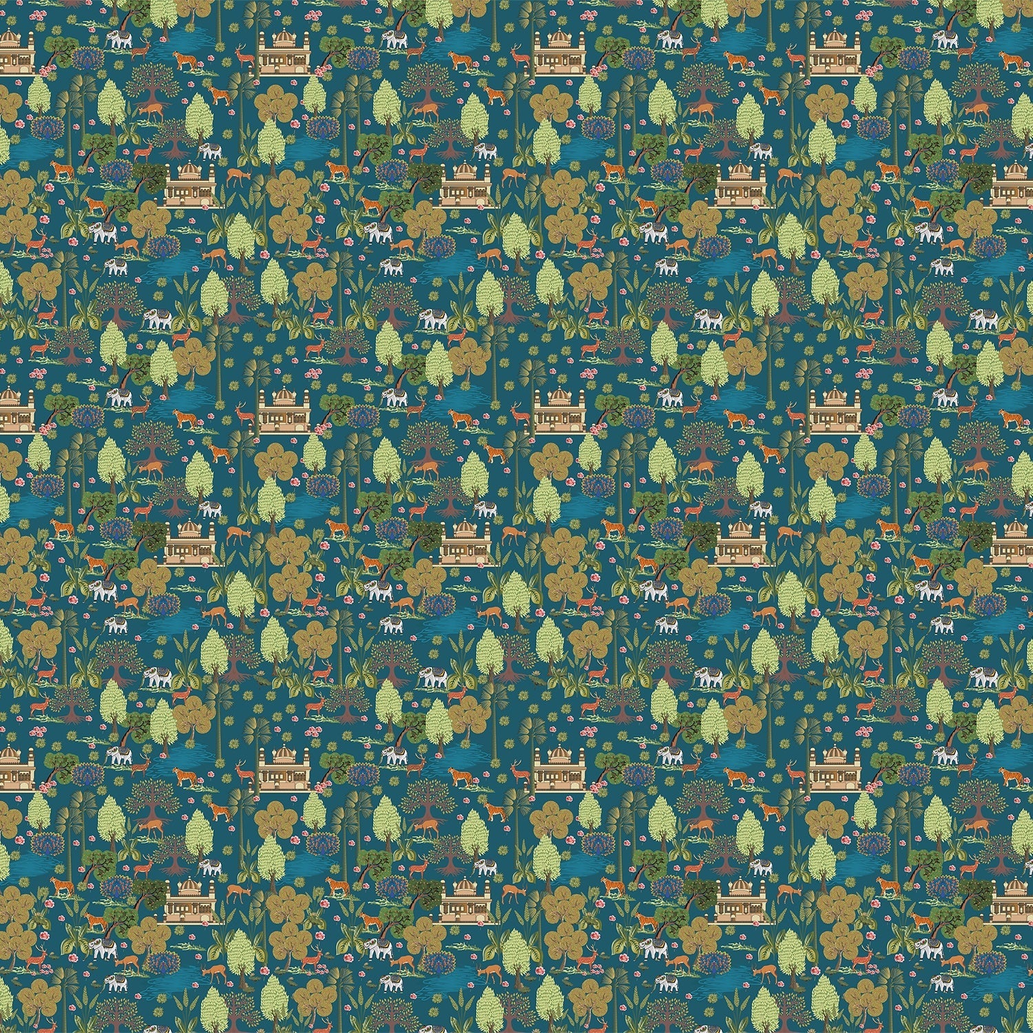 Teal and gold Mughal inspired wildlife scene with trees, birds and architectural elements - view 2 - final