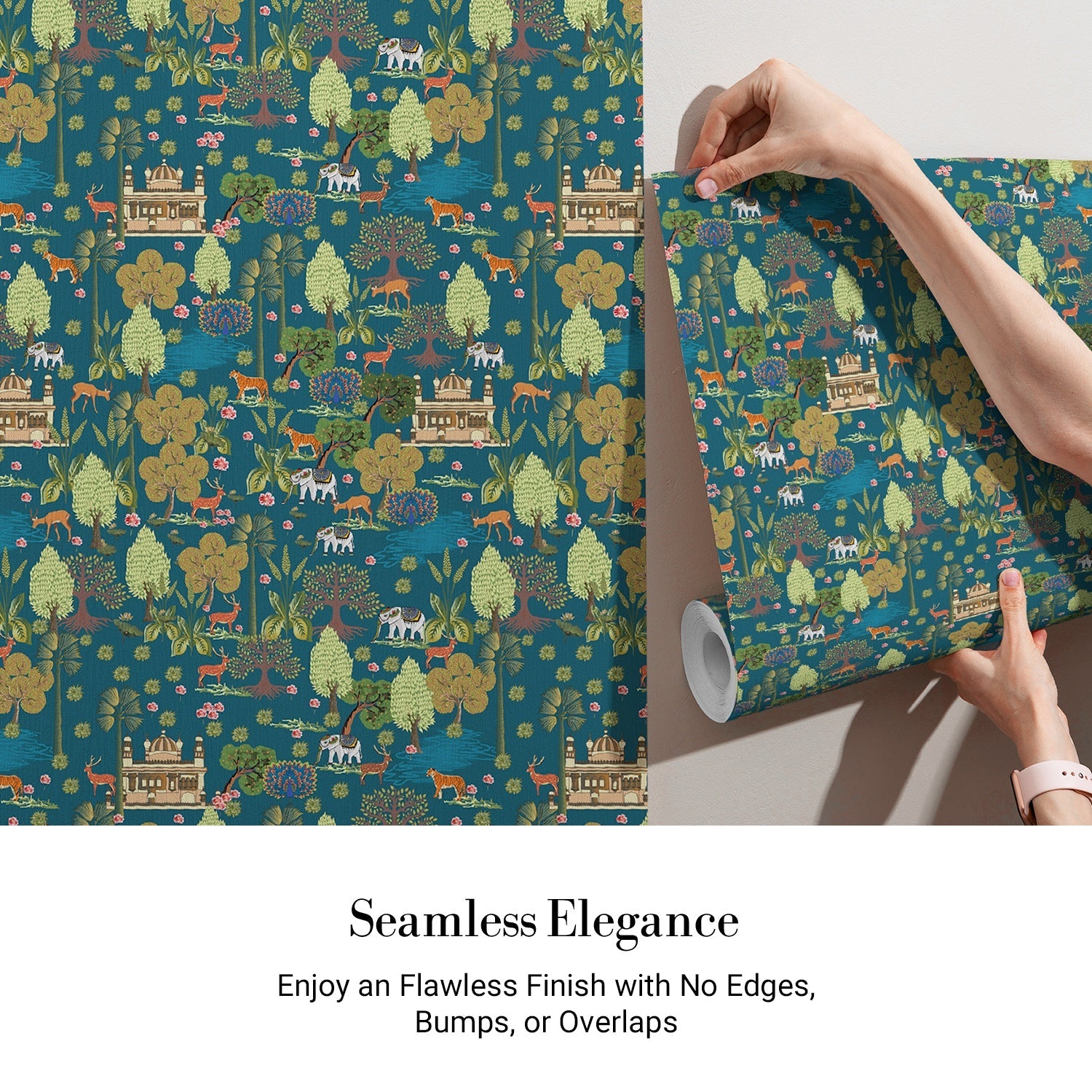 Teal and gold Mughal inspired wildlife scene with trees, birds and architectural elements - view 3 - final