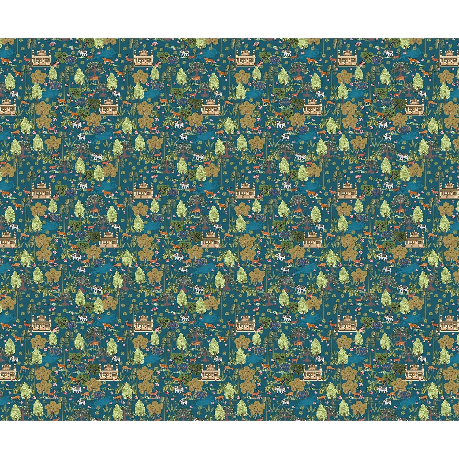 Teal and gold Mughal inspired wildlife scene with trees, birds and architectural elements - view 5 - repeat-full-square - final