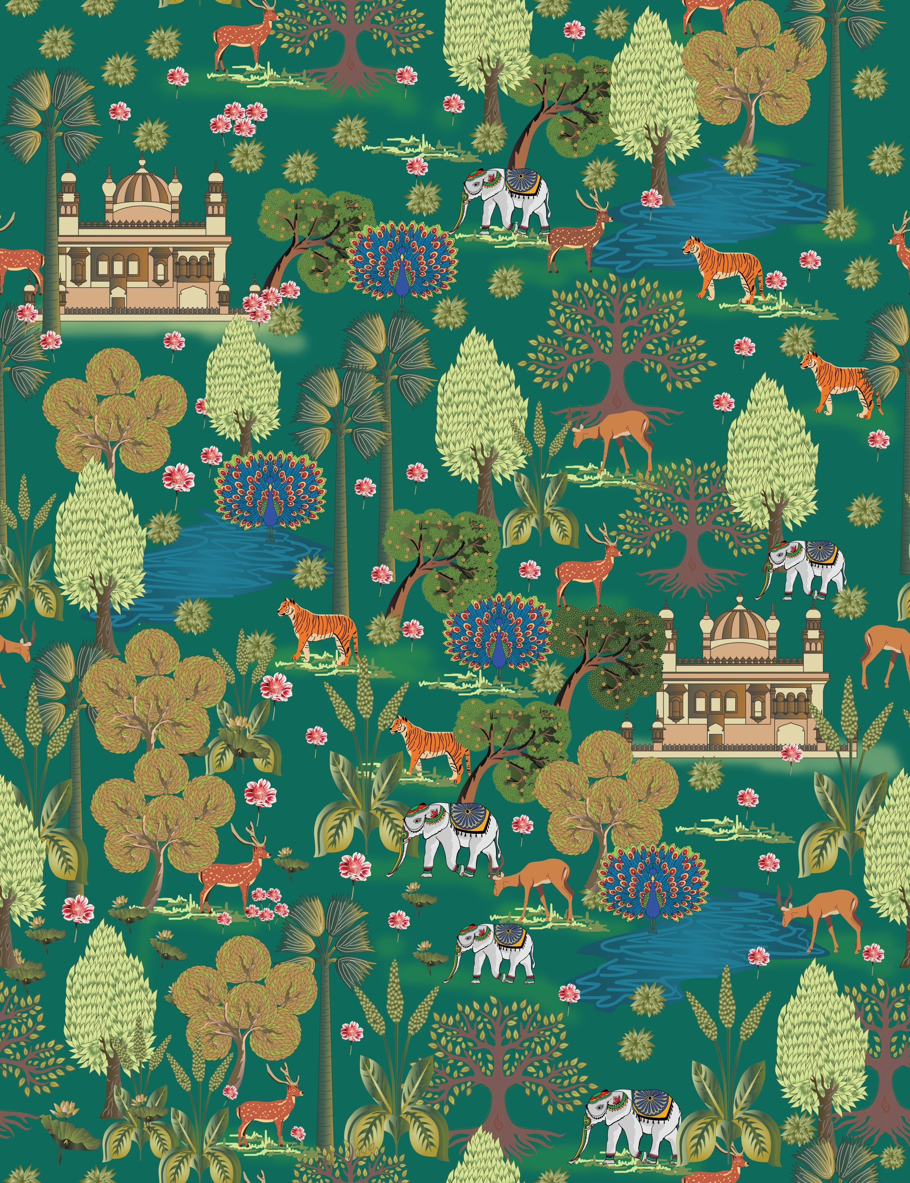 Teal and gold Mughal inspired wildlife scene with trees, birds and architectural elements - view 6 - repeat-original - final