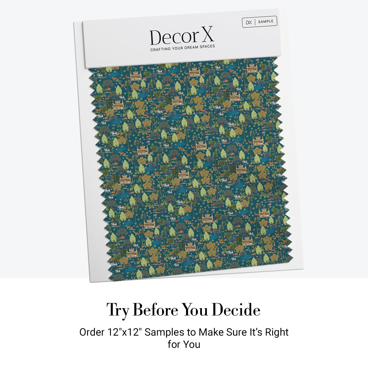 Teal and gold Mughal inspired wildlife scene with trees, birds and architectural elements - view 8 - final all-groups samples