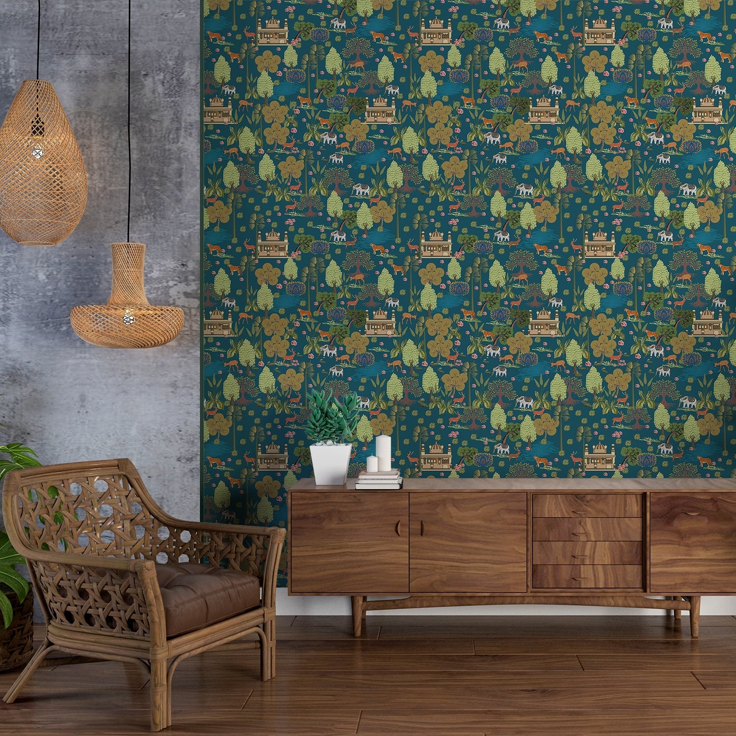 Teal and gold Mughal inspired wildlife scene with trees, birds and architectural elements - final foyer