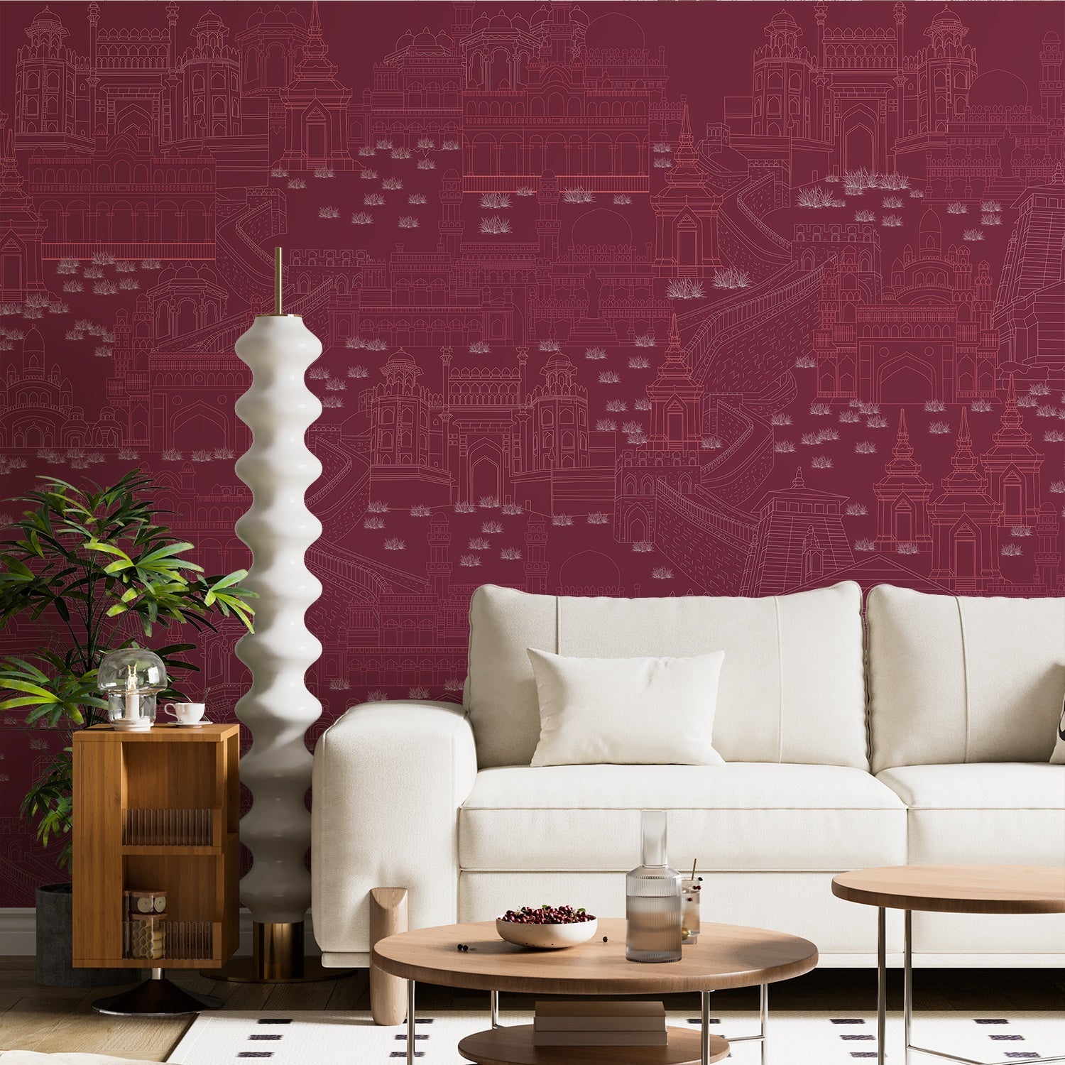 Delicate line drawing of Mughal palaces and monuments in neutral beige architectural illustration - view 11 - final