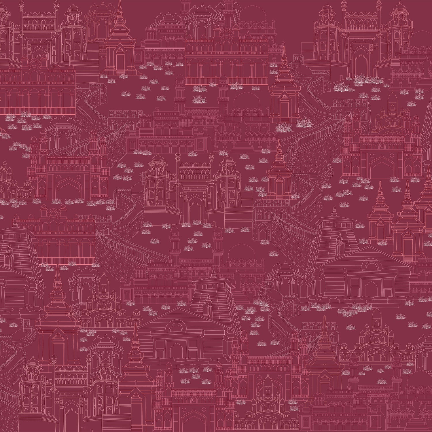 Delicate line drawing of Mughal palaces and monuments in neutral beige architectural illustration - view 12 - final