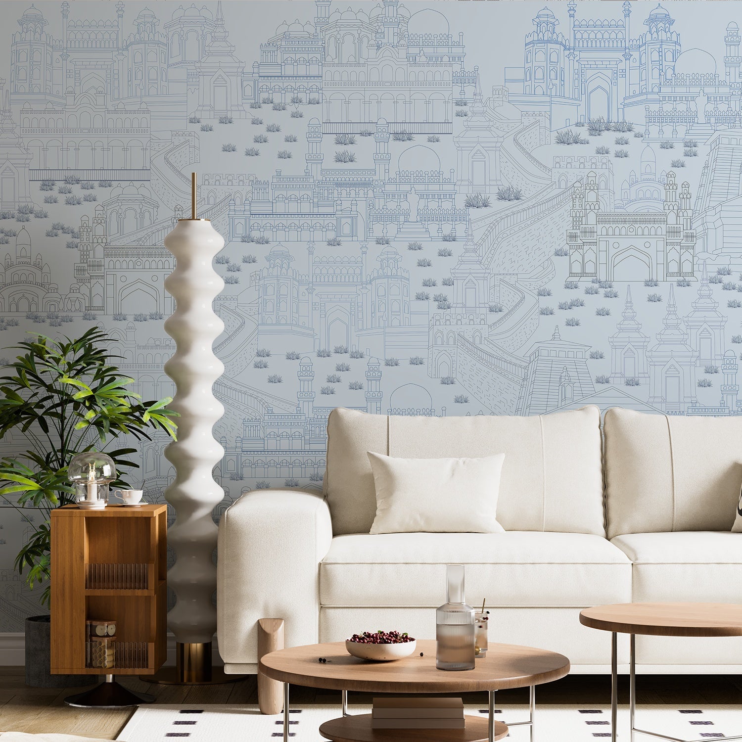 Delicate line drawing of Mughal palaces and monuments in neutral beige architectural illustration - view 15 - final