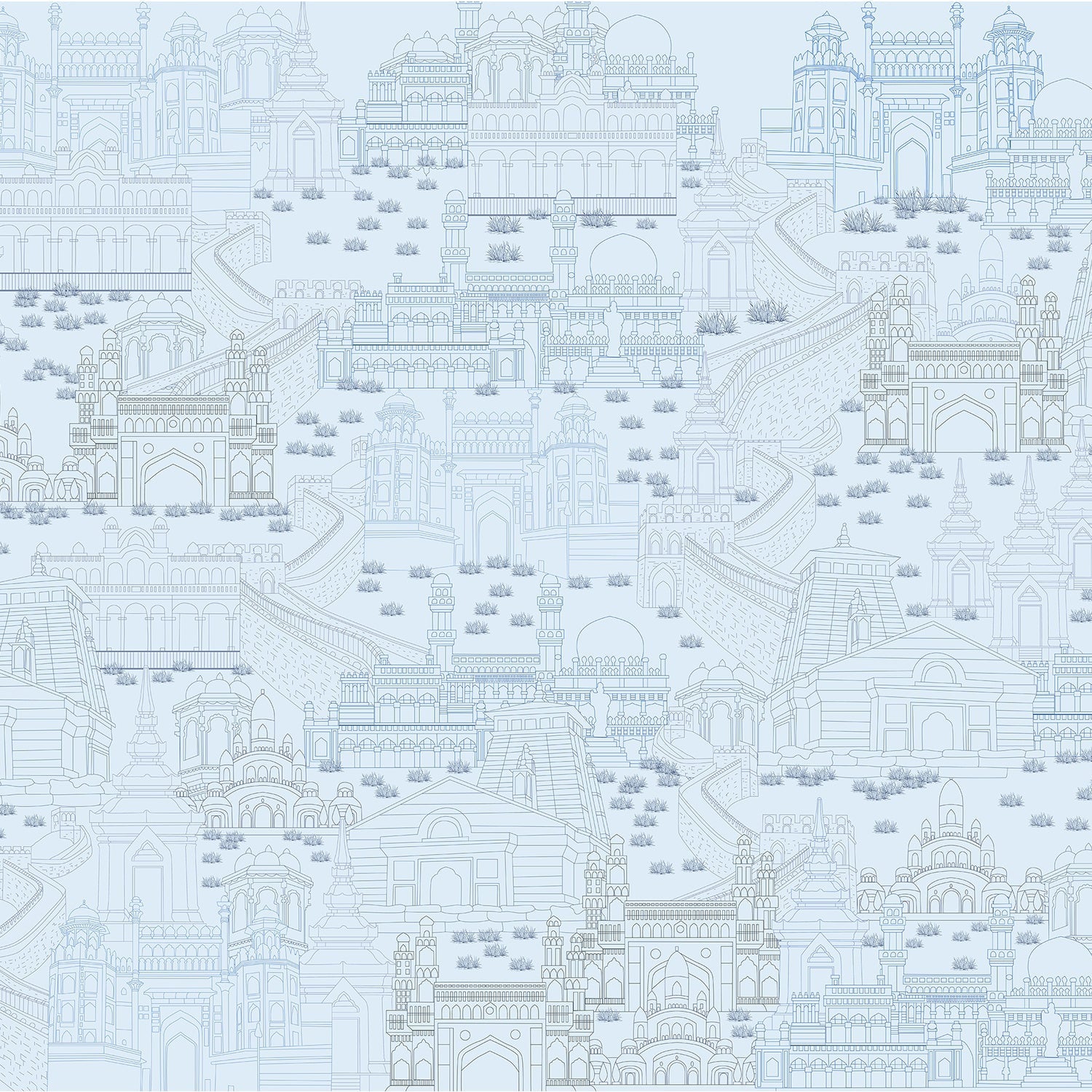 Delicate line drawing of Mughal palaces and monuments in neutral beige architectural illustration - view 16 - final