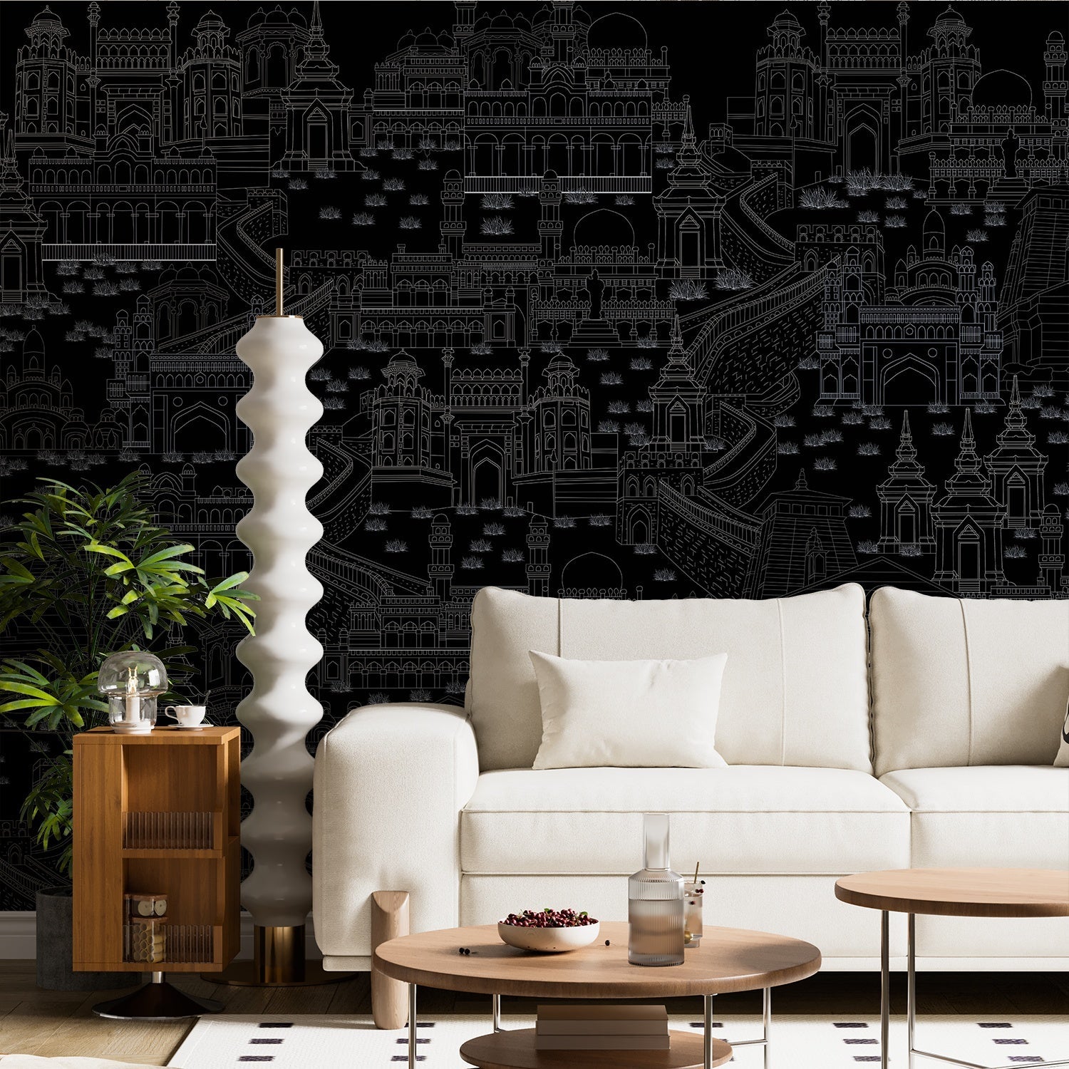 Delicate line drawing of Mughal palaces and monuments in neutral beige architectural illustration - view 19 - final