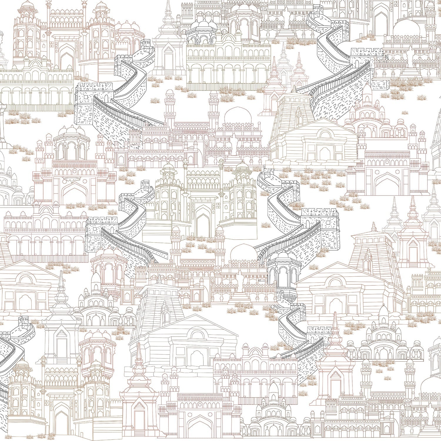 Delicate line drawing of Mughal palaces and monuments in neutral beige architectural illustration - view 2 - final