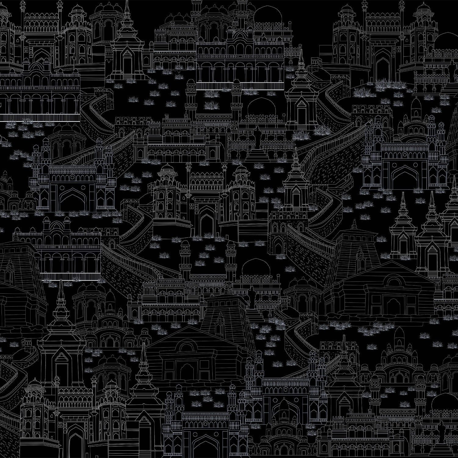 Delicate line drawing of Mughal palaces and monuments in neutral beige architectural illustration - view 20 - final