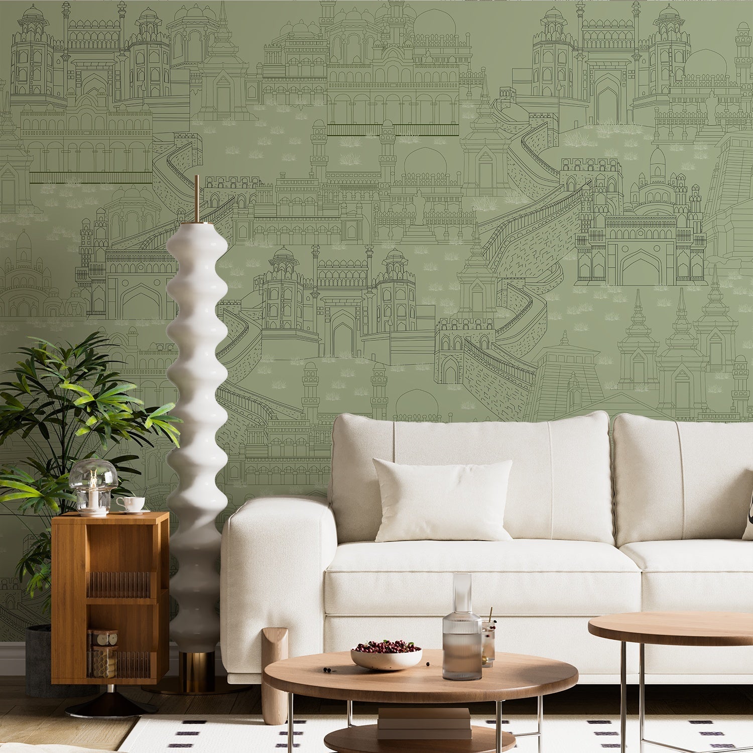 Delicate line drawing of Mughal palaces and monuments in neutral beige architectural illustration - view 23 - final