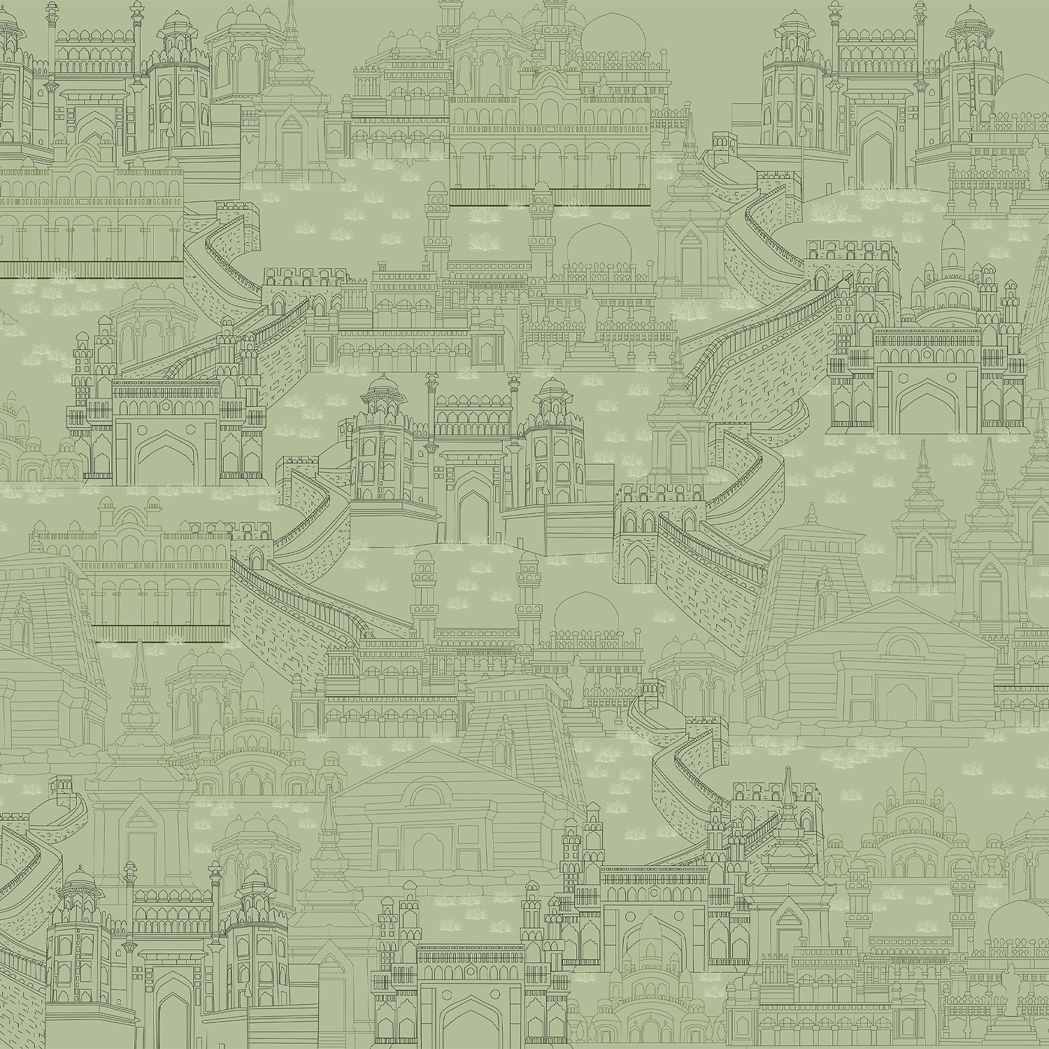 Delicate line drawing of Mughal palaces and monuments in neutral beige architectural illustration - view 24 - final