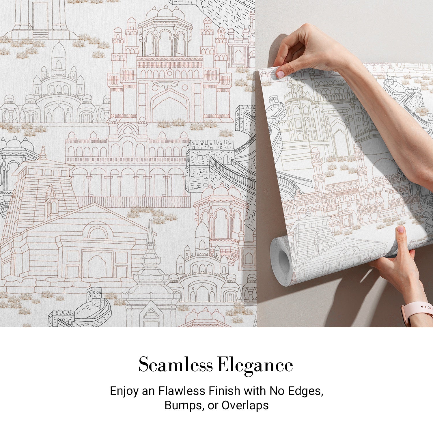 Delicate line drawing of Mughal palaces and monuments in neutral beige architectural illustration - view 3 - final