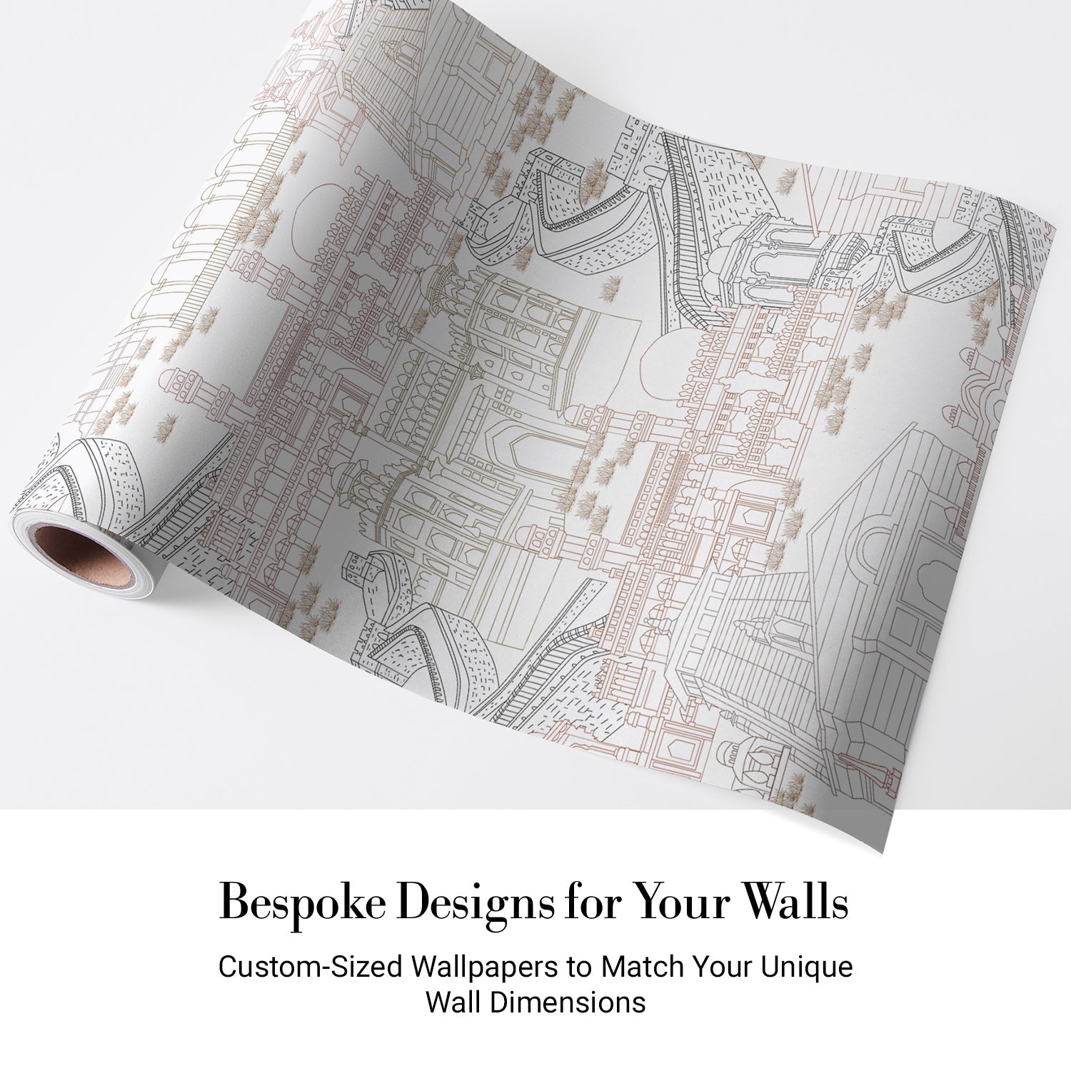 Delicate line drawing of Mughal palaces and monuments in neutral beige architectural illustration - view 4 - final