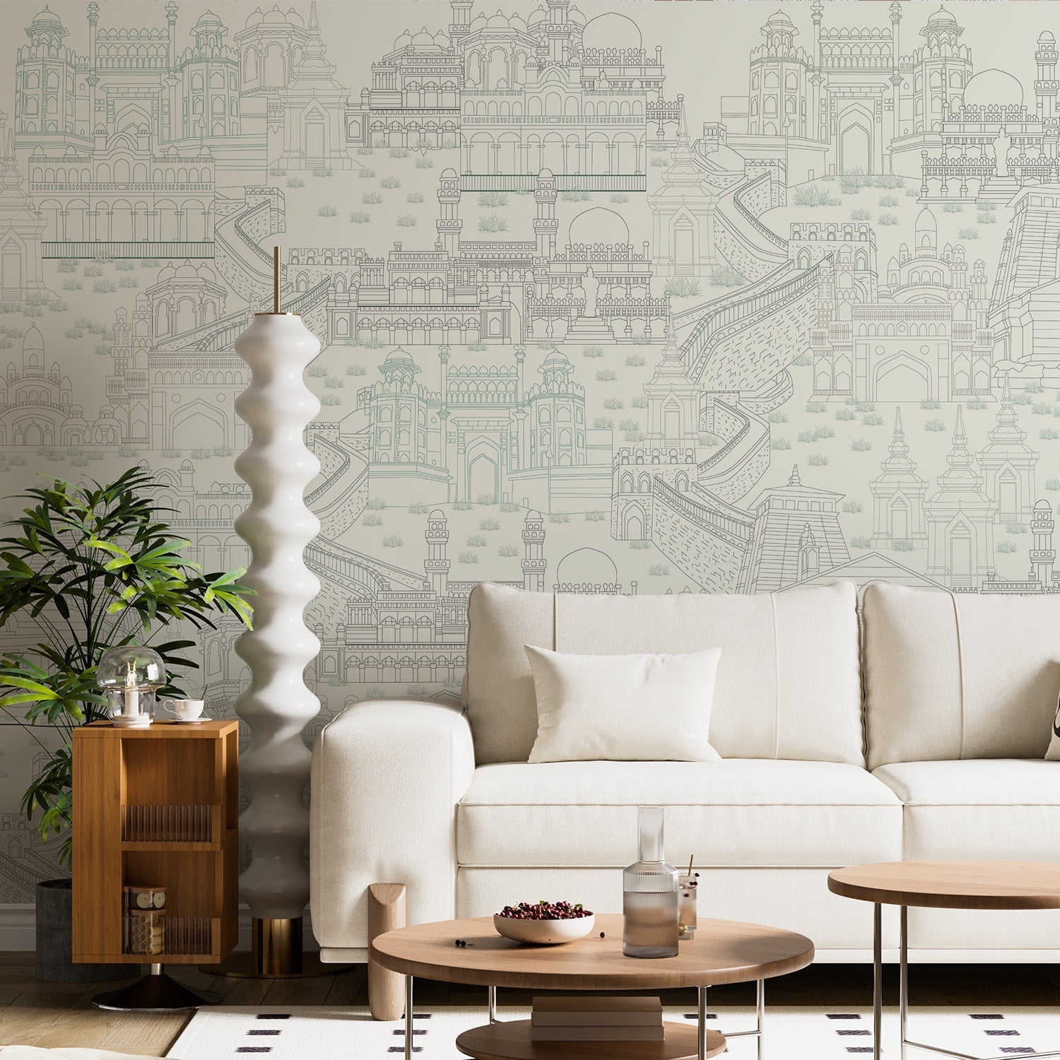 Delicate line drawing of Mughal palaces and monuments in neutral beige architectural illustration - view 7 - final