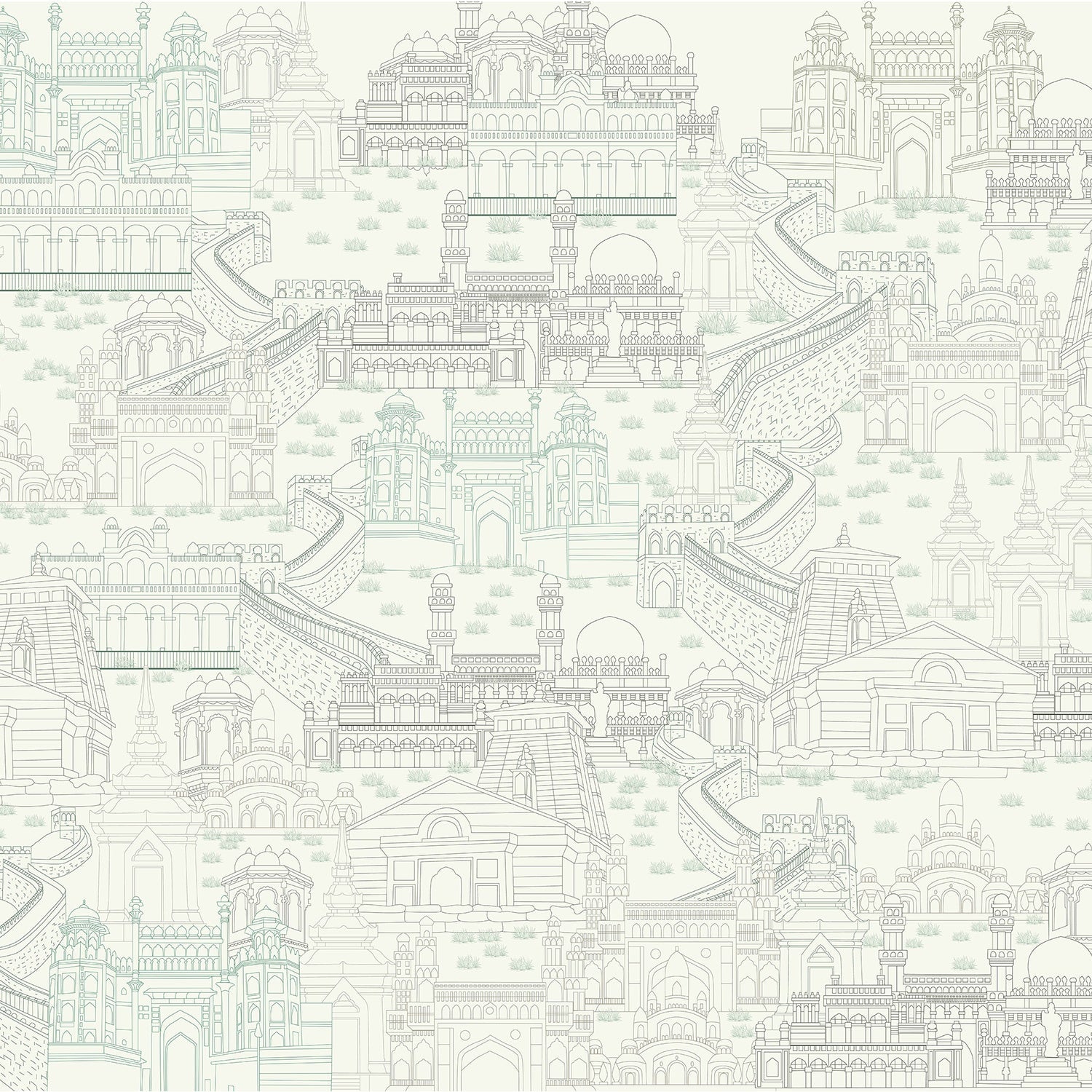 Delicate line drawing of Mughal palaces and monuments in neutral beige architectural illustration - view 8 - final