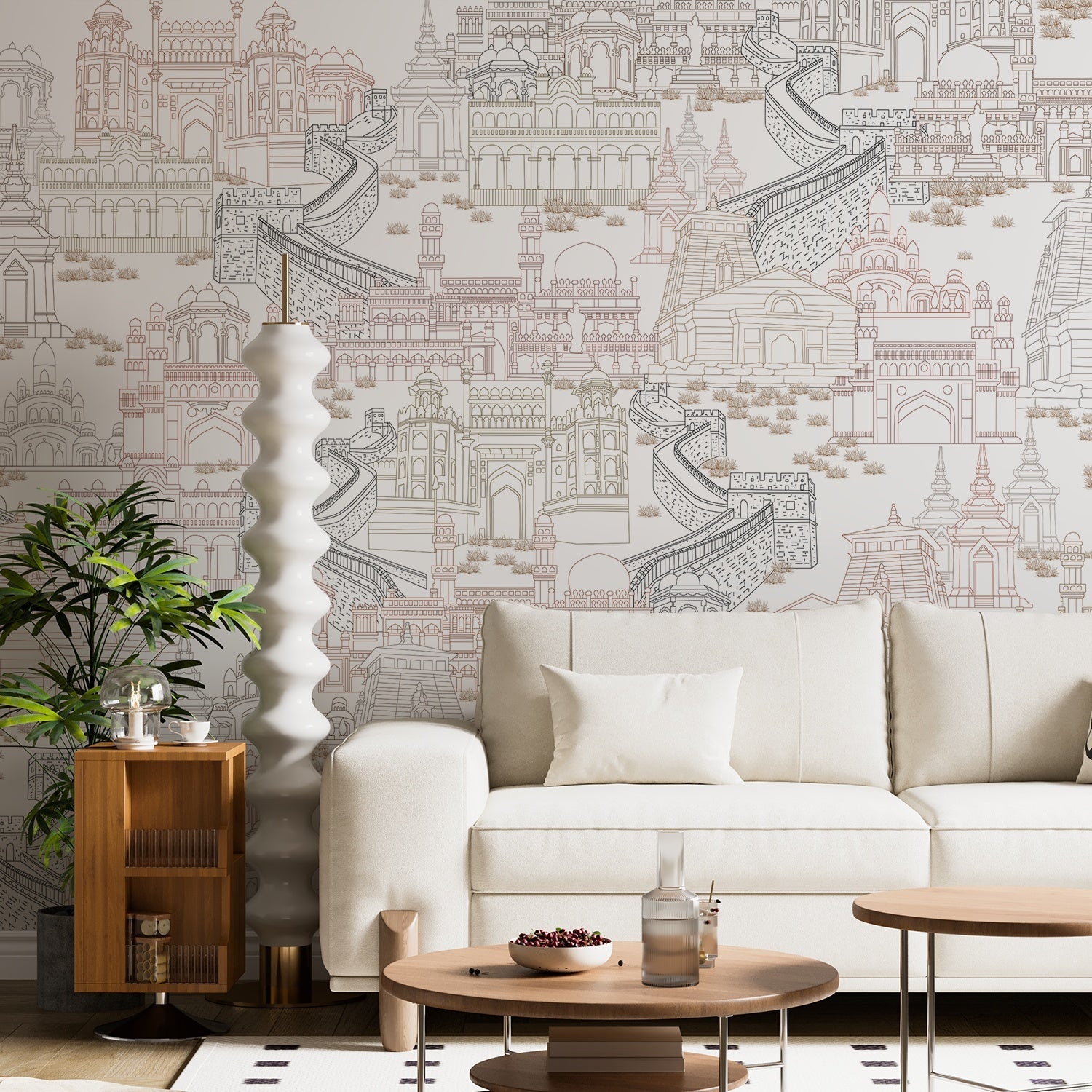 Delicate line drawing of Mughal palaces and monuments in neutral beige architectural illustration - final living-room