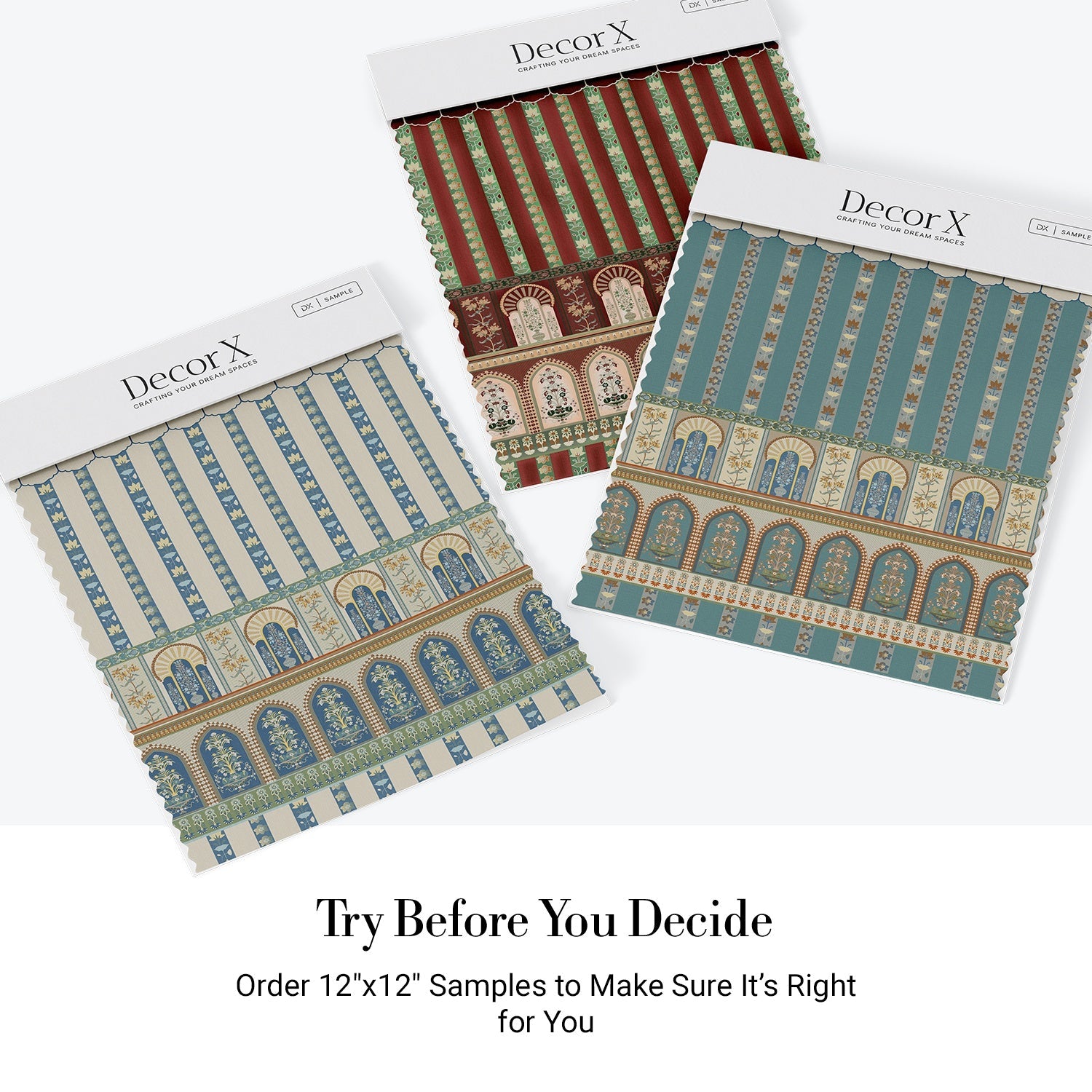 Ornate Moorish arches and vertical stripes in blue and gold with floral details - view 15 - final all-groups samples