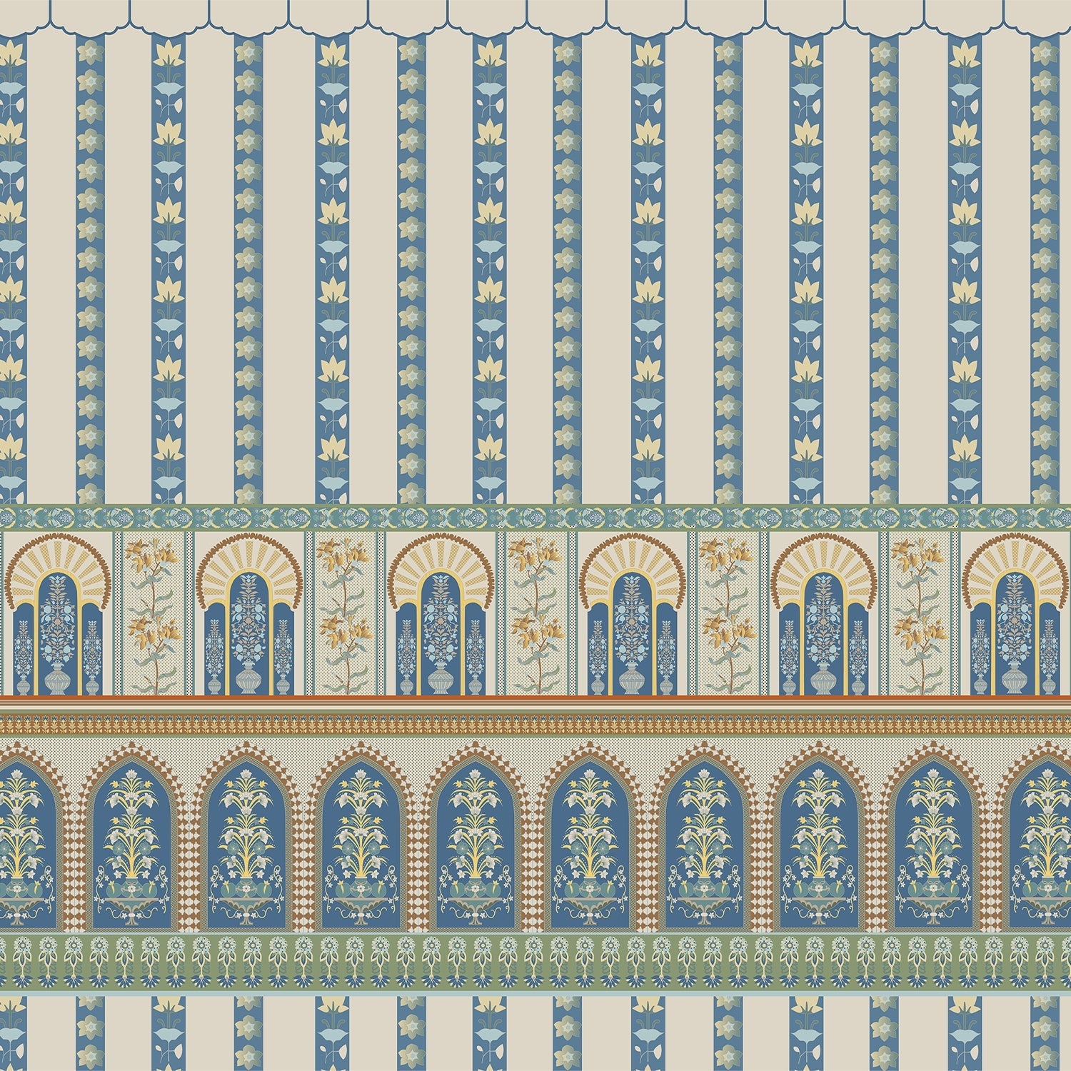 Ornate Moorish arches and vertical stripes in blue and gold with floral details - view 2 - final
