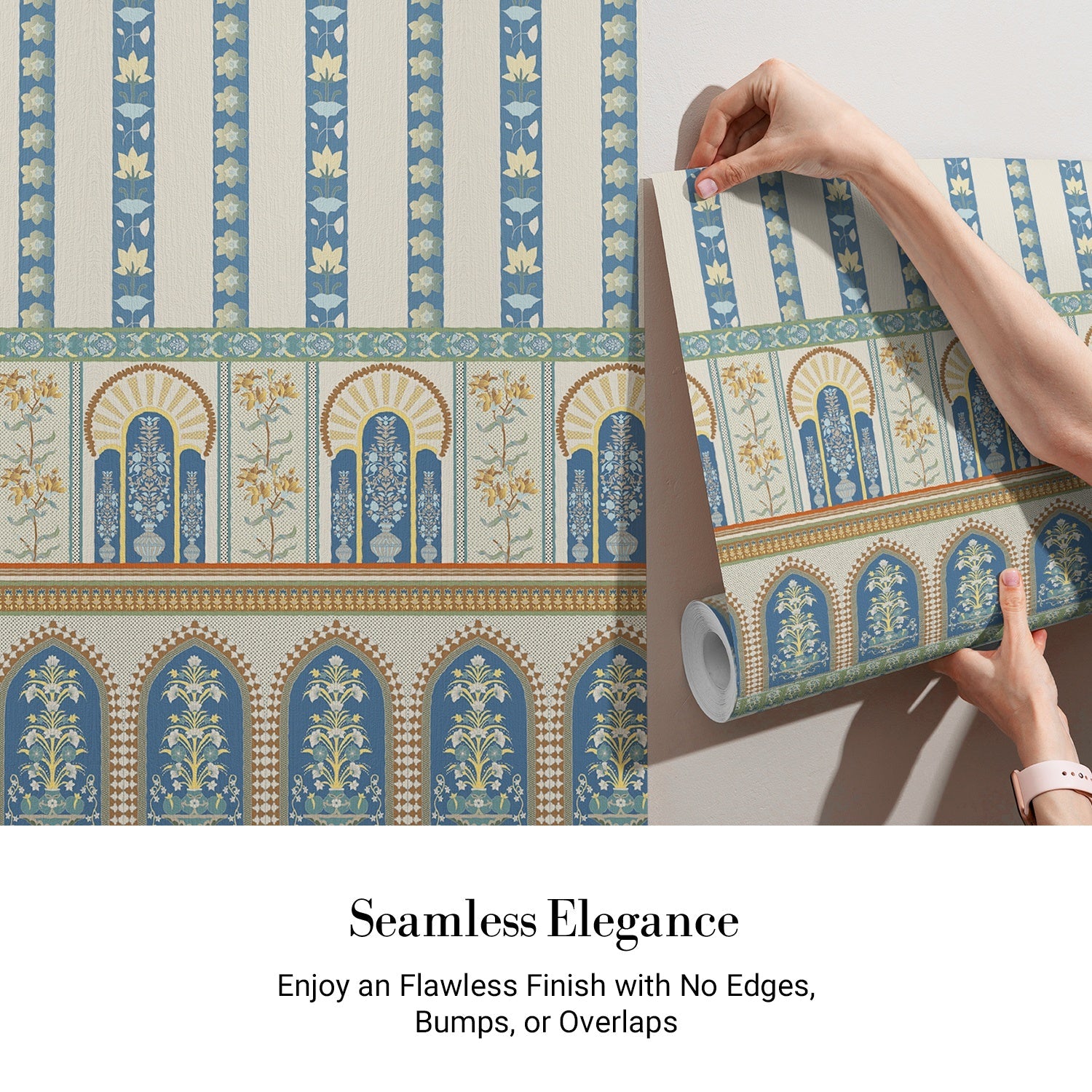 Ornate Moorish arches and vertical stripes in blue and gold with floral details - view 3 - final