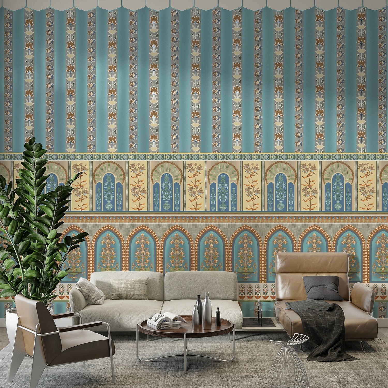 Ornate Moorish arches and vertical stripes in blue and gold with floral details - view 7 - final