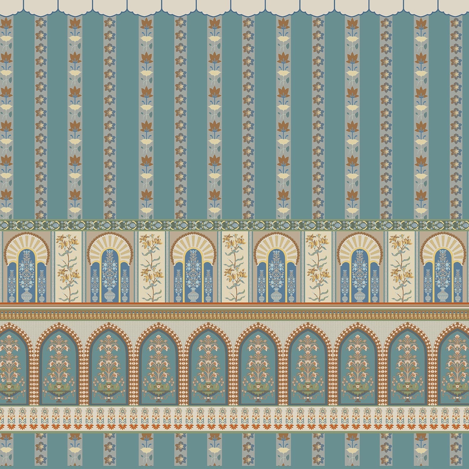 Ornate Moorish arches and vertical stripes in blue and gold with floral details - view 8 - final