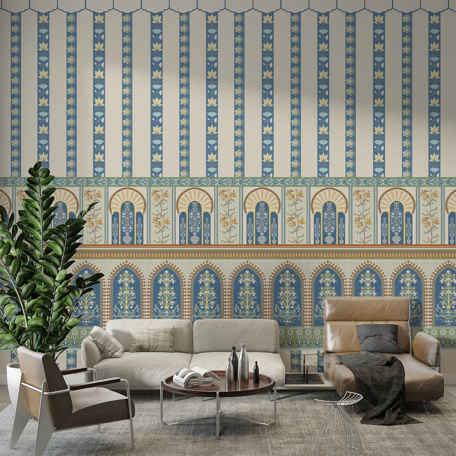 Ornate Moorish arches and vertical stripes in blue and gold with floral details - final living-room