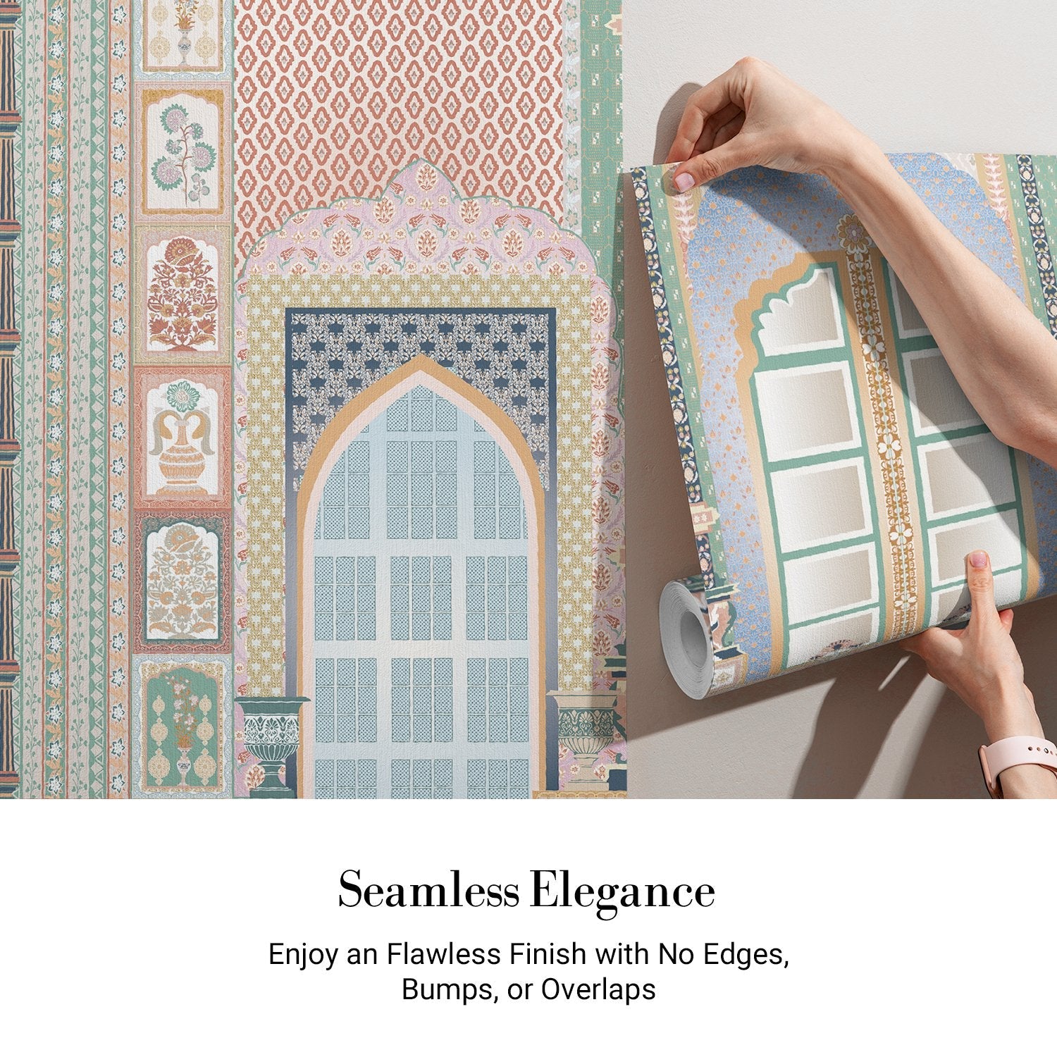 Ornate Mughal palace interior with mint arches, geometric patterns and decorative Islamic architecture - view 2 - final