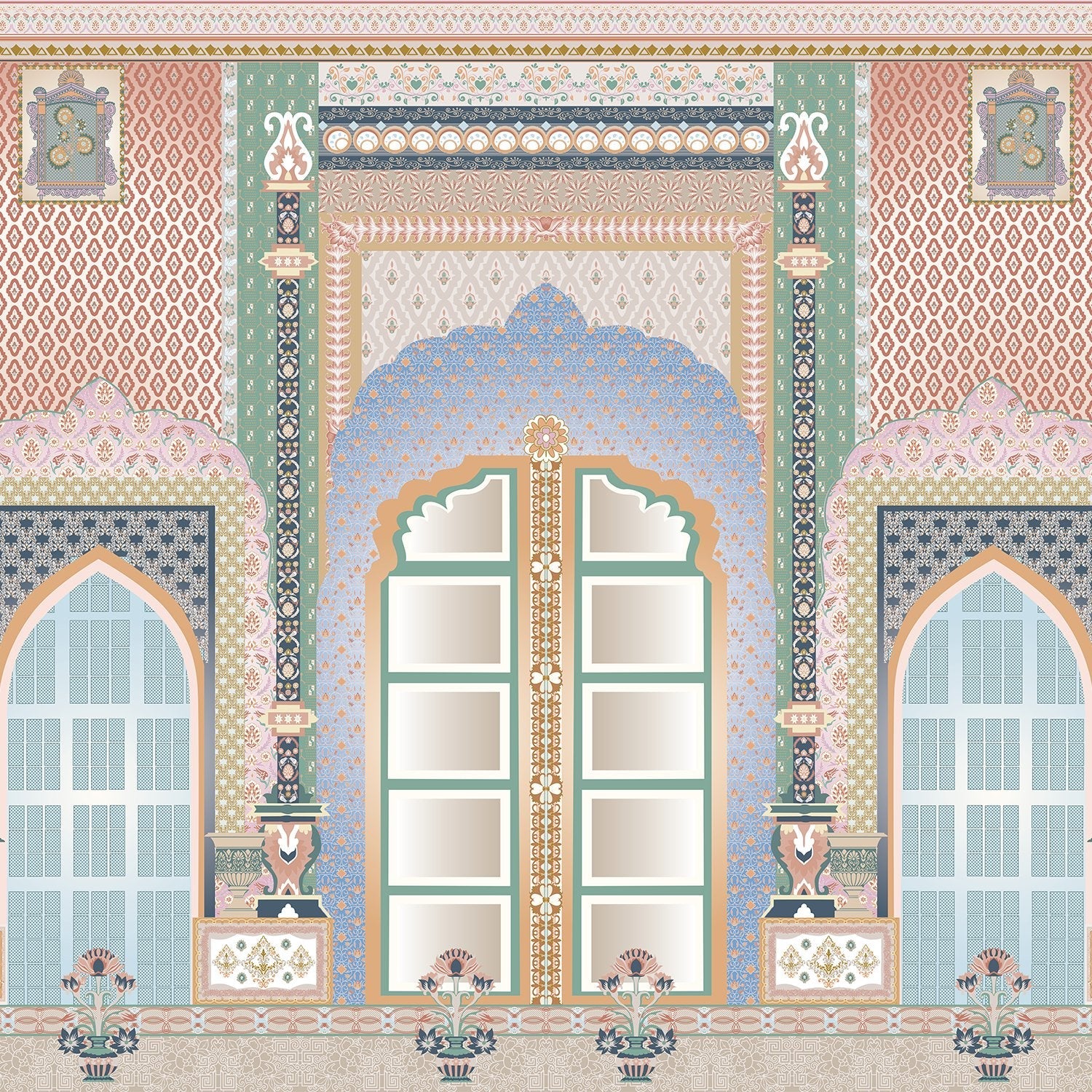 Ornate Mughal palace interior with mint arches, geometric patterns and decorative Islamic architecture - view 3 - final