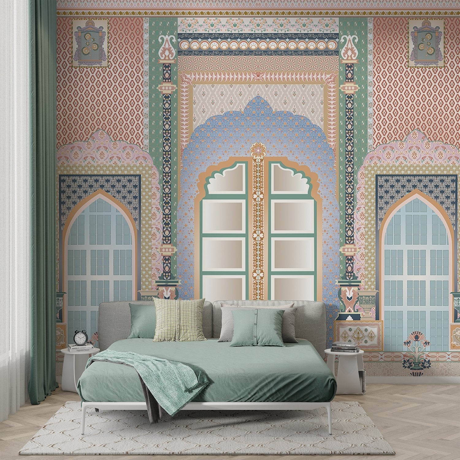 Ornate Mughal palace interior with mint arches, geometric patterns and decorative Islamic architecture - final bed-room