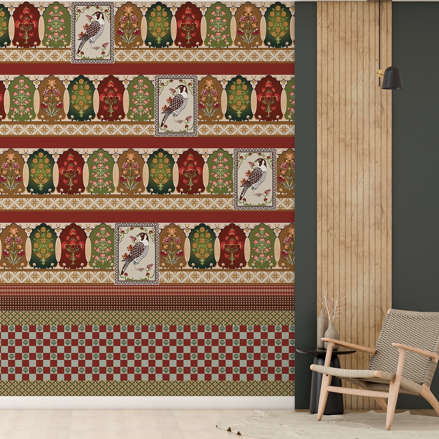 Traditional ornamental border design with repeating Mughal arches and decorative motifs in red green - final hobby-room