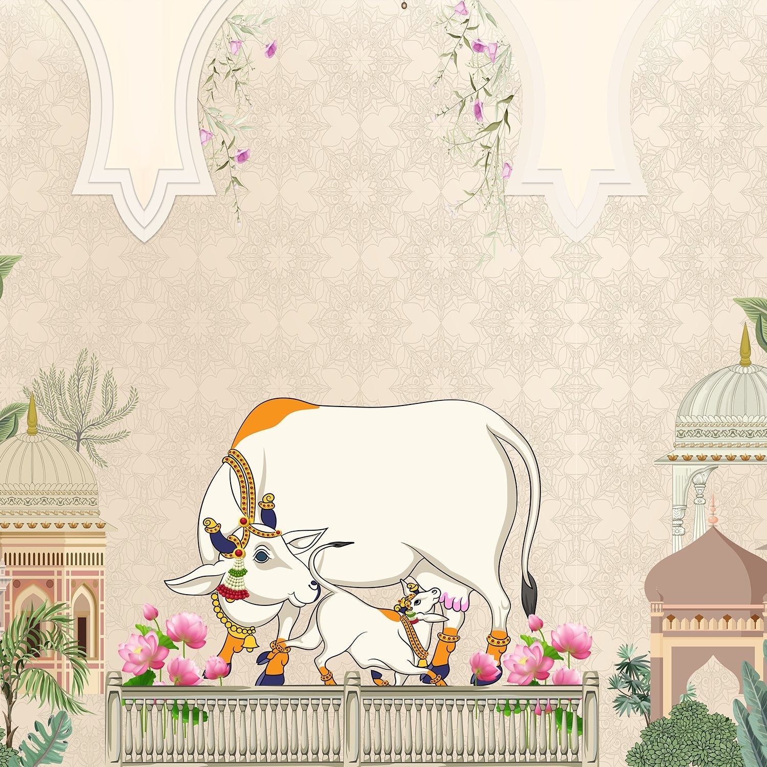 Traditional Indian Pichwai artwork featuring decorated white cow amid temples and floral motifs - view 2 - final