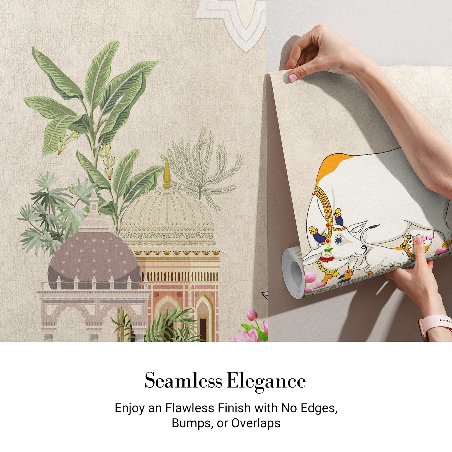 Traditional Indian Pichwai artwork featuring decorated white cow amid temples and floral motifs - view 5 - final