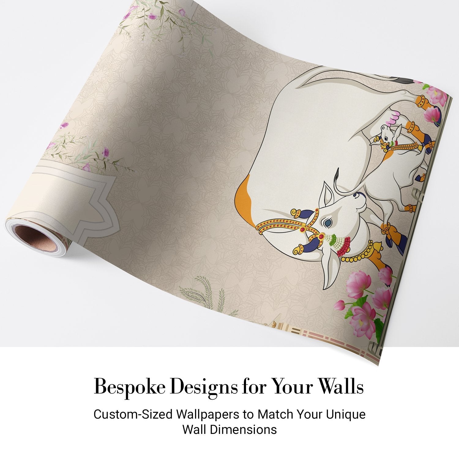 Traditional Indian Pichwai artwork featuring decorated white cow amid temples and floral motifs - view 6 - final