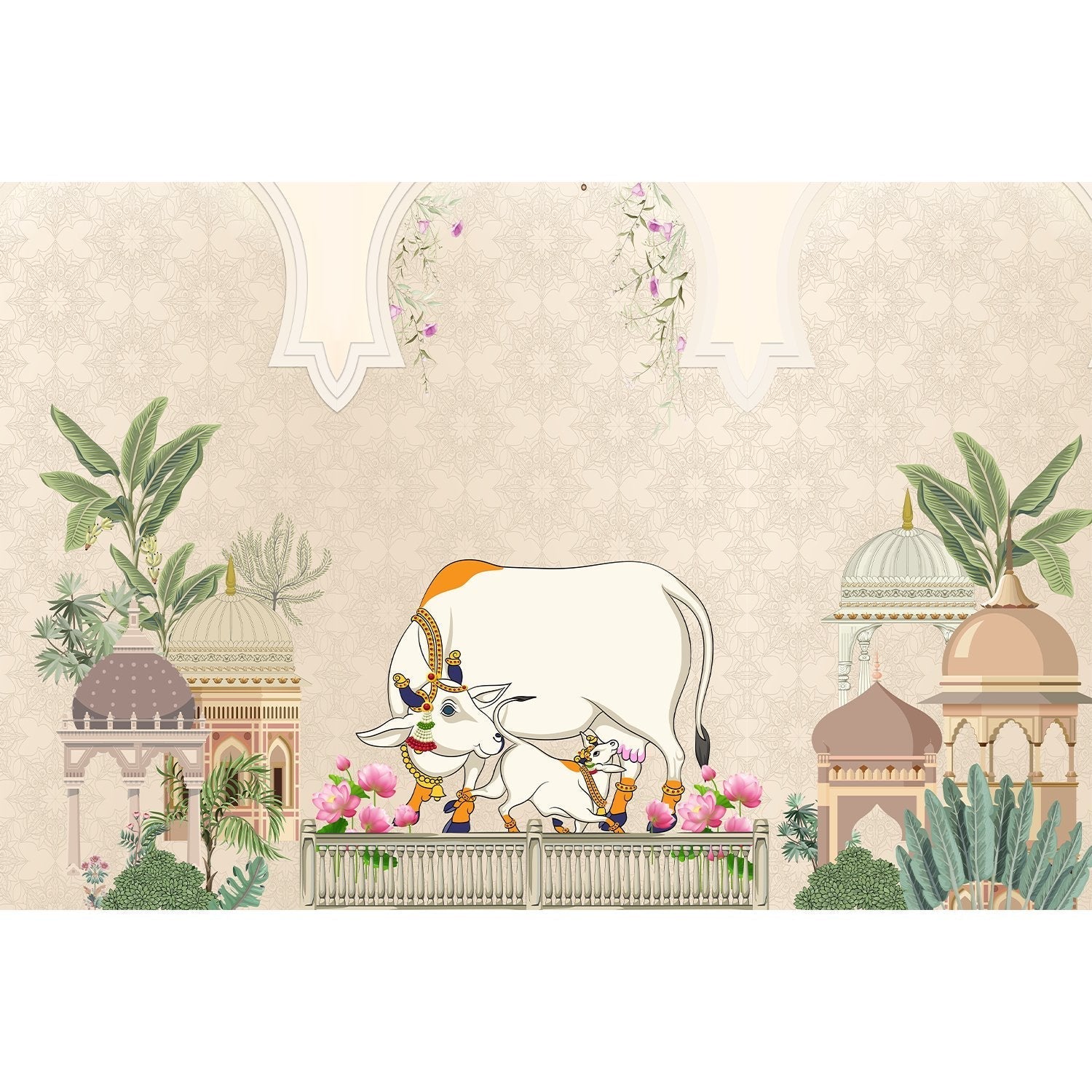Intricate lea pichwai cow and calf design - pichwai wallpaper mural-equal final