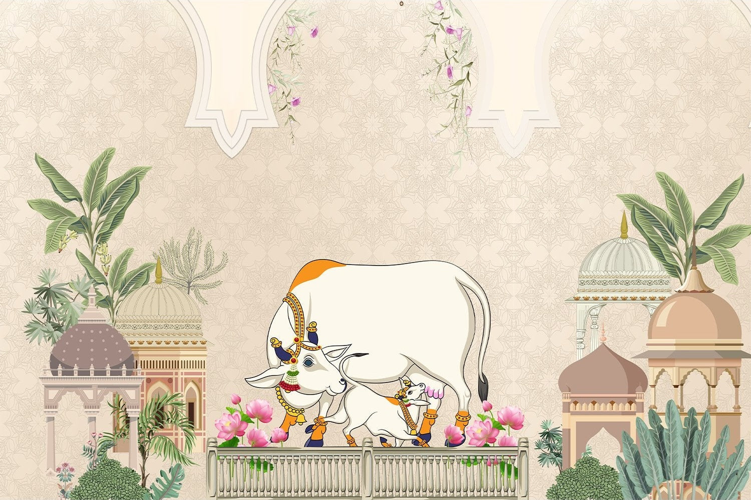 "Ornate lea pichwai cow calf design - pichwai wallpaper mural-inequal final"