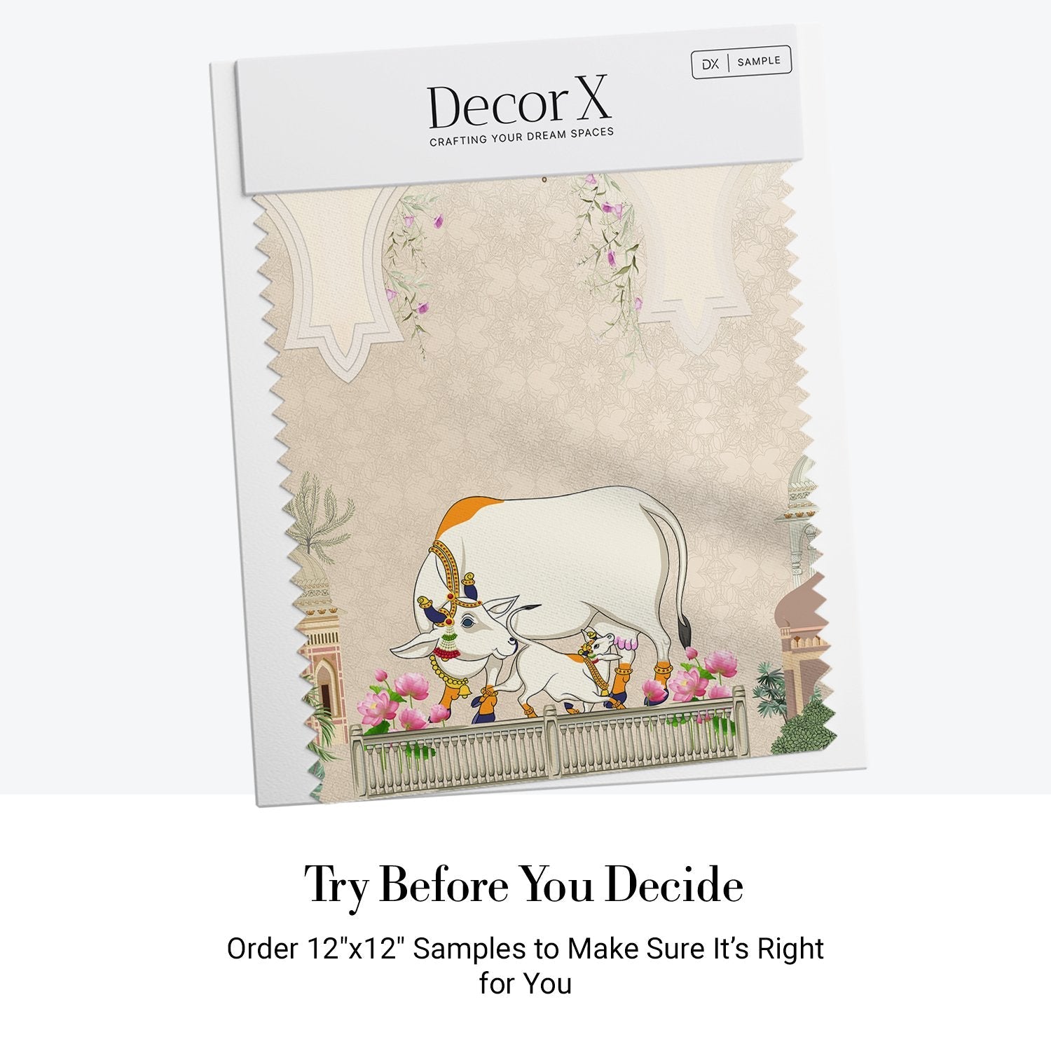 Traditional Indian Pichwai artwork featuring decorated white cow amid temples and floral motifs - view 9 - final all-groups samples