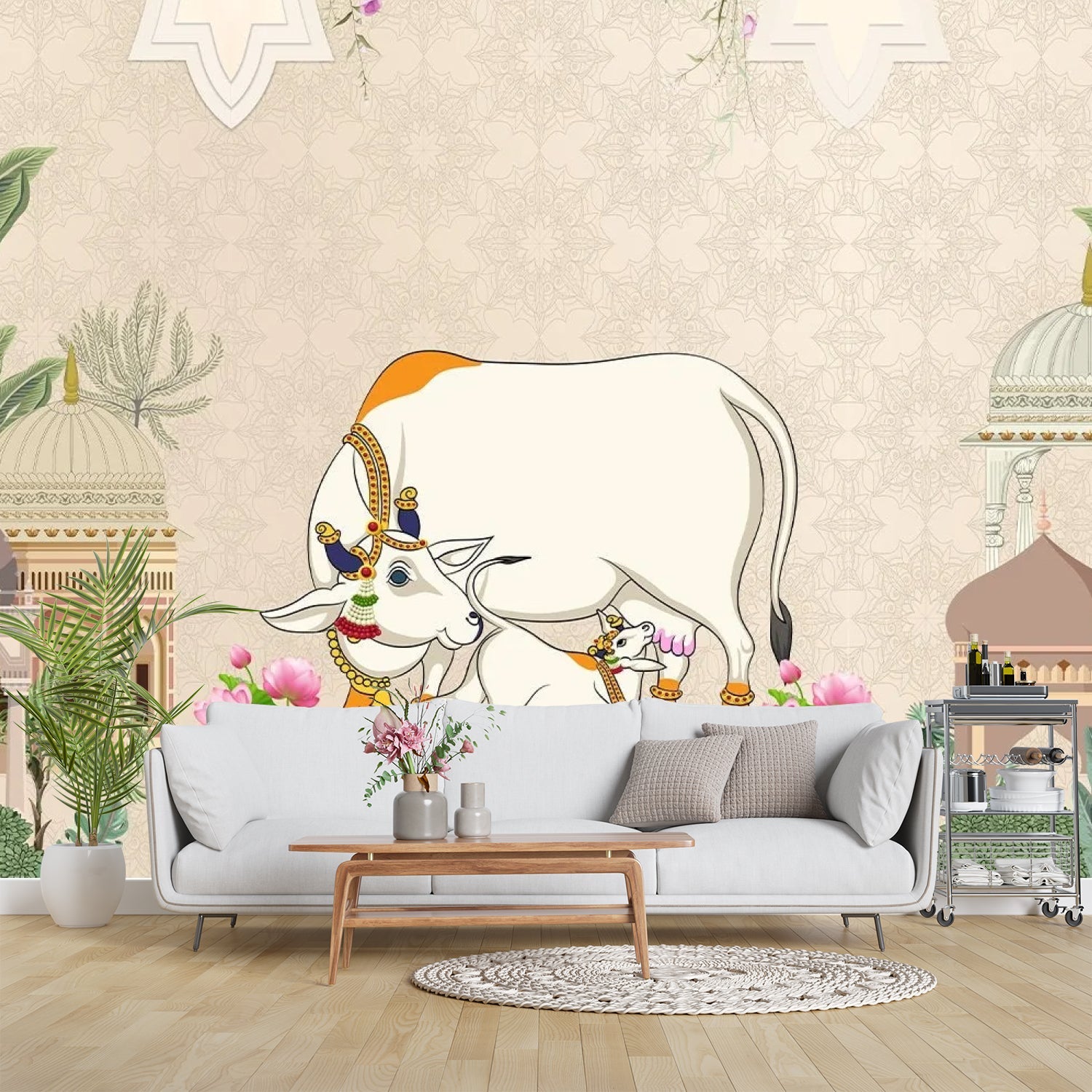 Traditional Indian Pichwai artwork featuring decorated white cow amid temples and floral motifs - final living-room