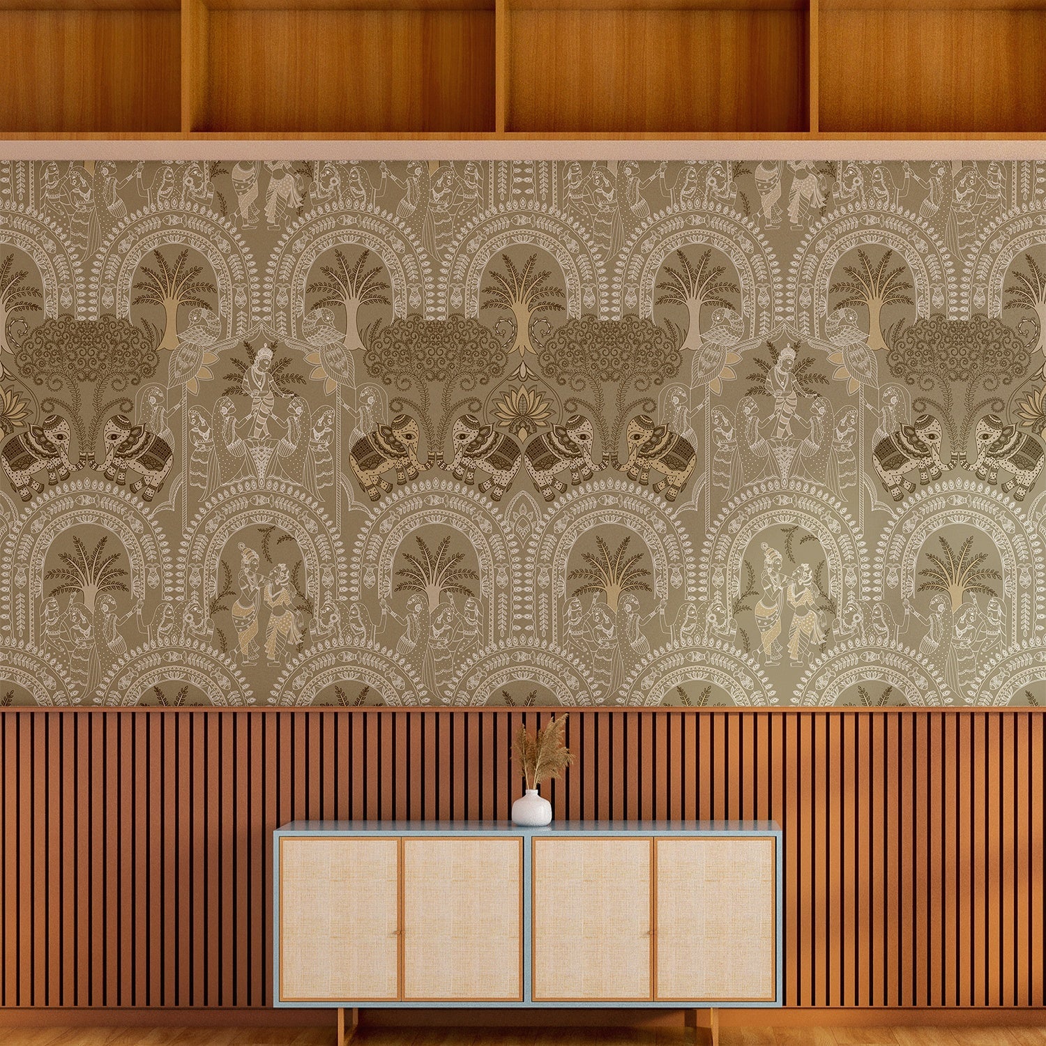 Traditional Indian arches with elephants and palm motifs in sage green and cream tones - view 10 - final