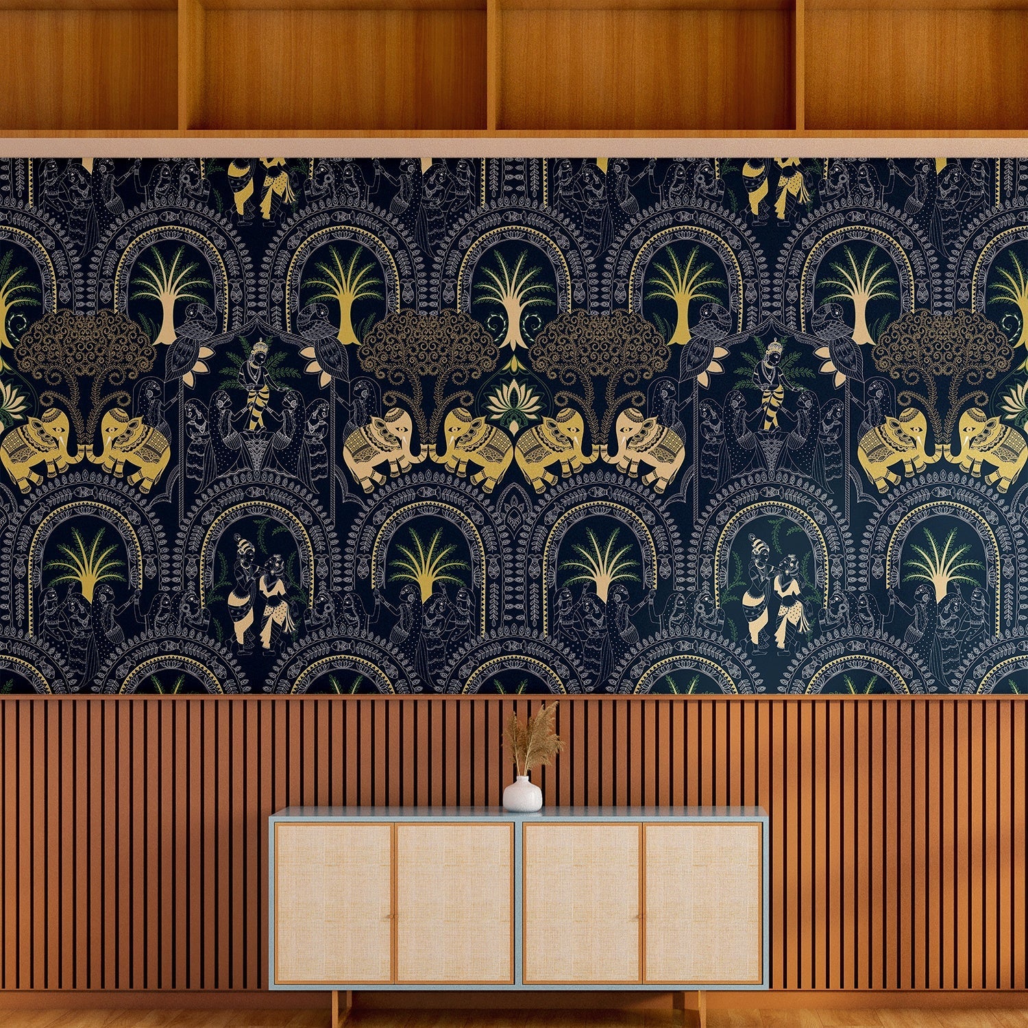 Traditional Indian arches with elephants and palm motifs in sage green and cream tones - view 17 - final