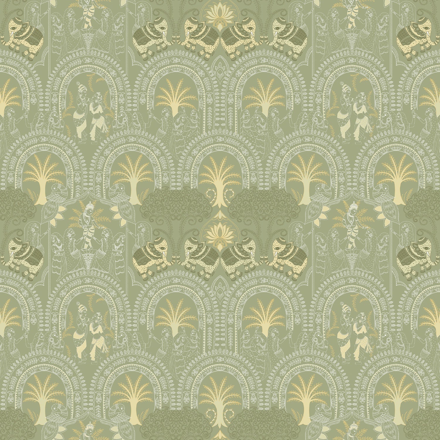 Traditional Indian arches with elephants and palm motifs in sage green and cream tones - view 2 - final