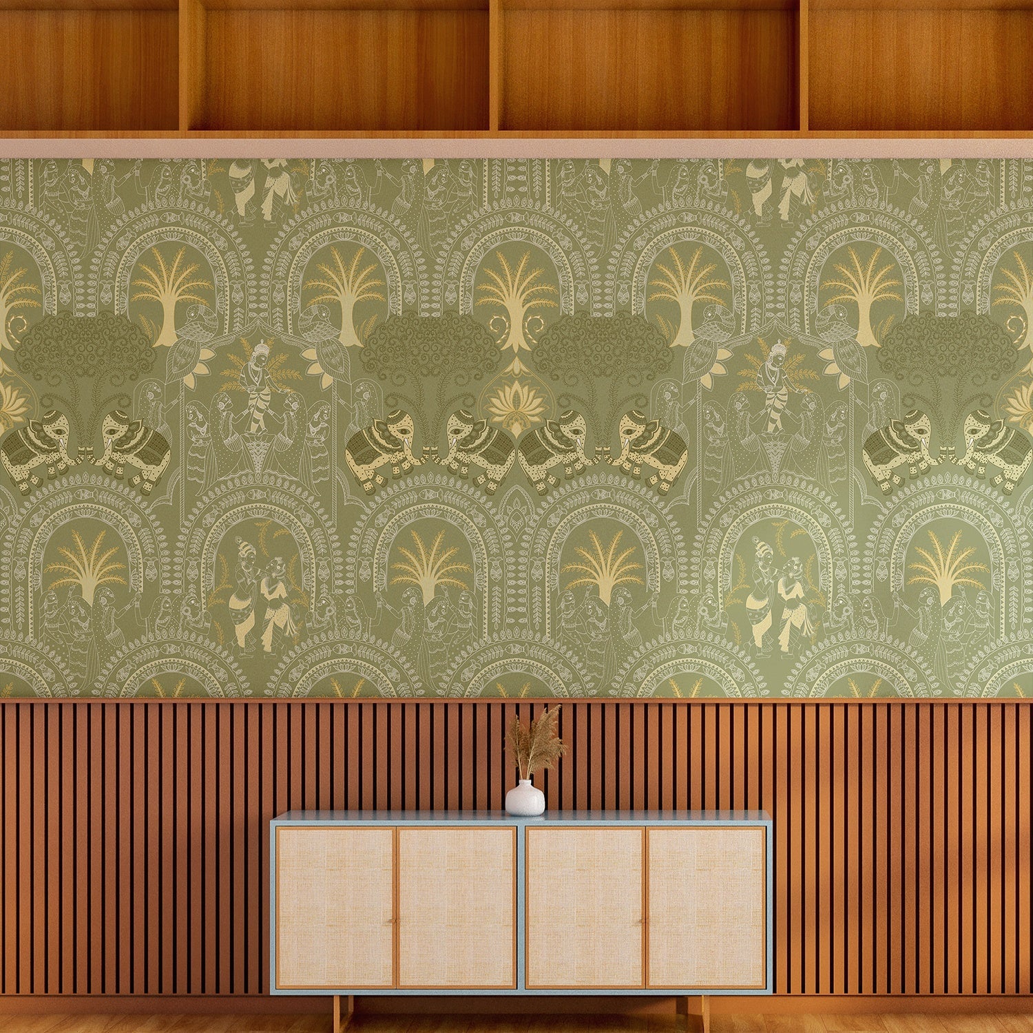 Traditional Indian arches with elephants and palm motifs in sage green and cream tones - view 3 - final foyer