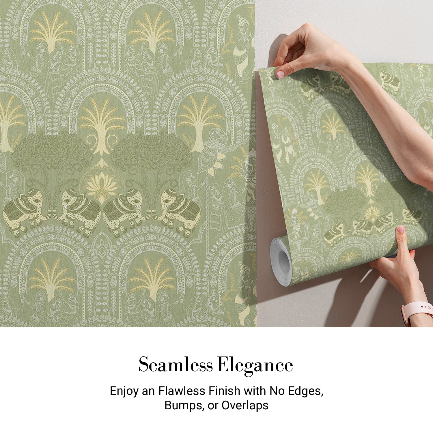 Traditional Indian arches with elephants and palm motifs in sage green and cream tones - view 4 - final