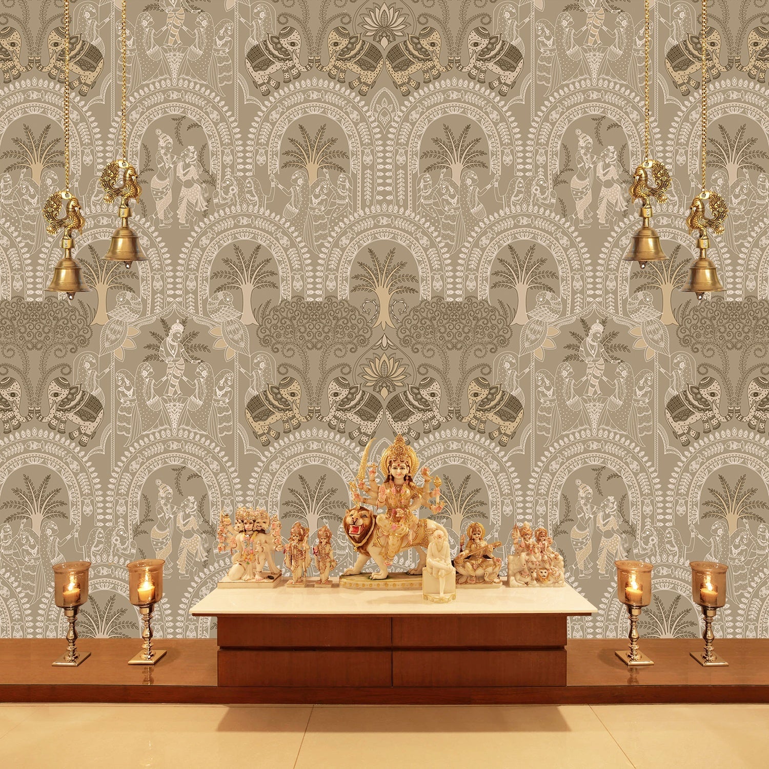Traditional Indian arches with elephants and palm motifs in sage green and cream tones - view 8 - final