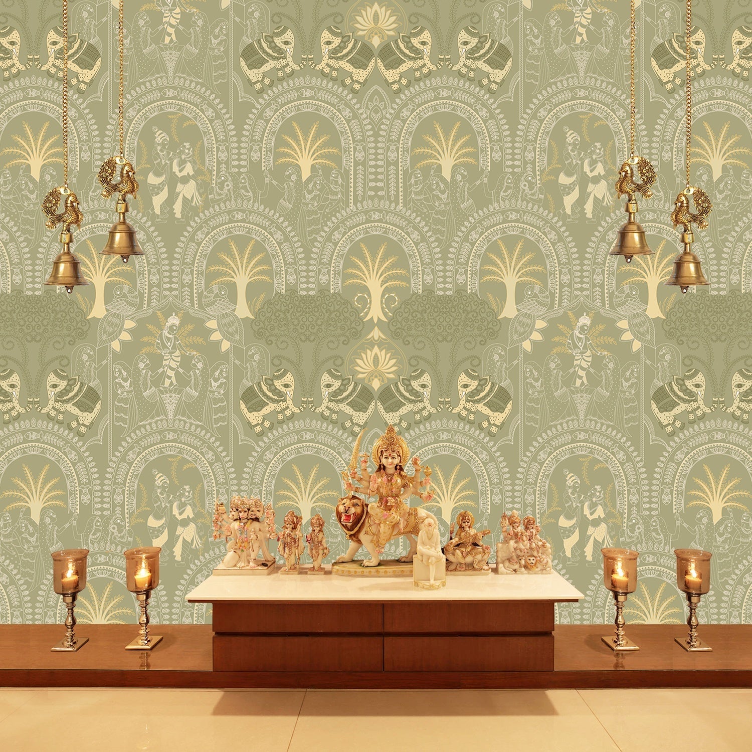 Traditional Indian arches with elephants and palm motifs in sage green and cream tones - final pooja-room