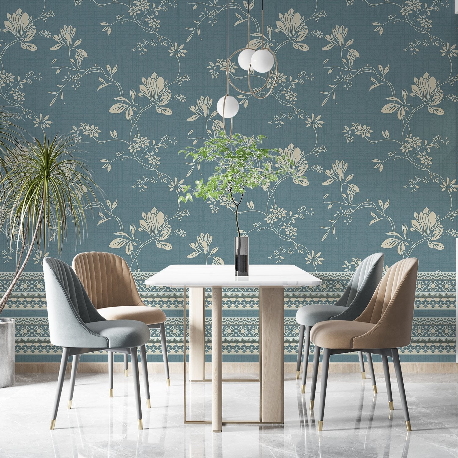 Elegant sage green wallpaper with delicate beige floral motifs and decorative border trim - view 11 - final