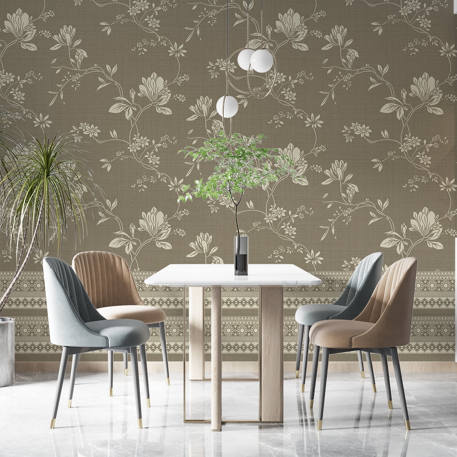 Elegant sage green wallpaper with delicate beige floral motifs and decorative border trim - view 15 - final