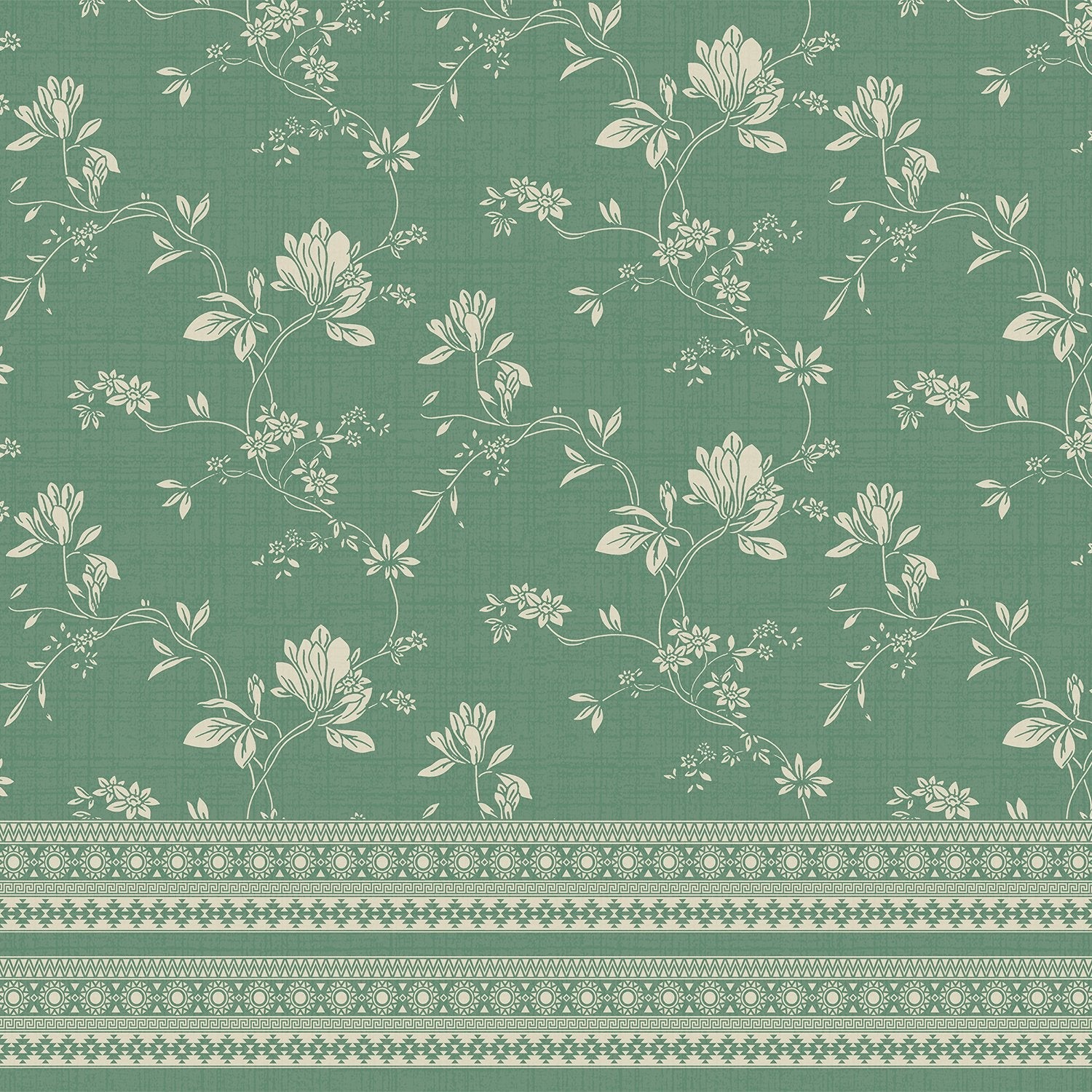 Elegant sage green wallpaper with delicate beige floral motifs and decorative border trim - view 2 - final
